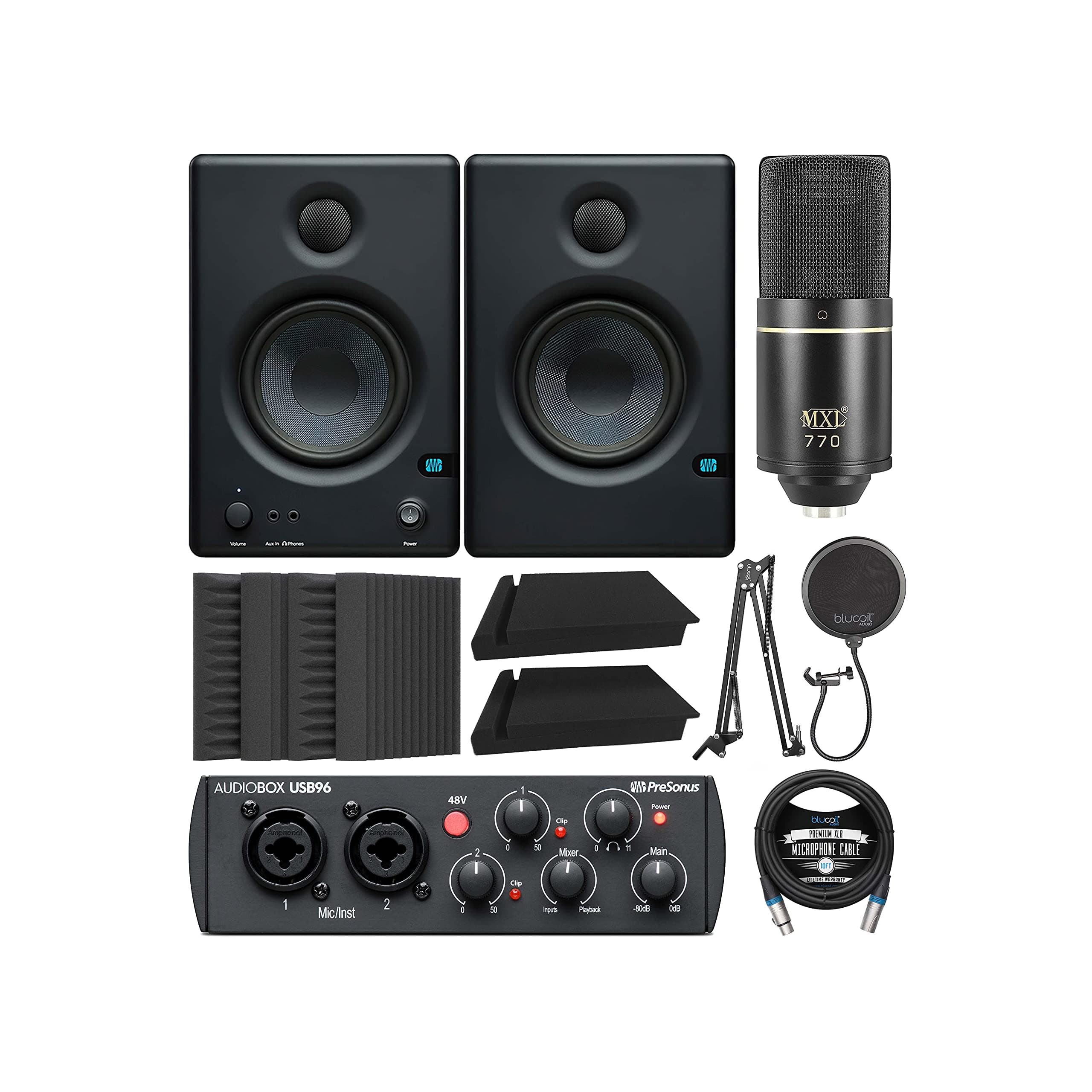 PreSonus Eris E4.5 2-Way 4.5" Near Field Studio Monitor Bundle with AudioBox USB 96 Audio Interface, MXL 770 Microphone, Blucoil Isolation Pads...