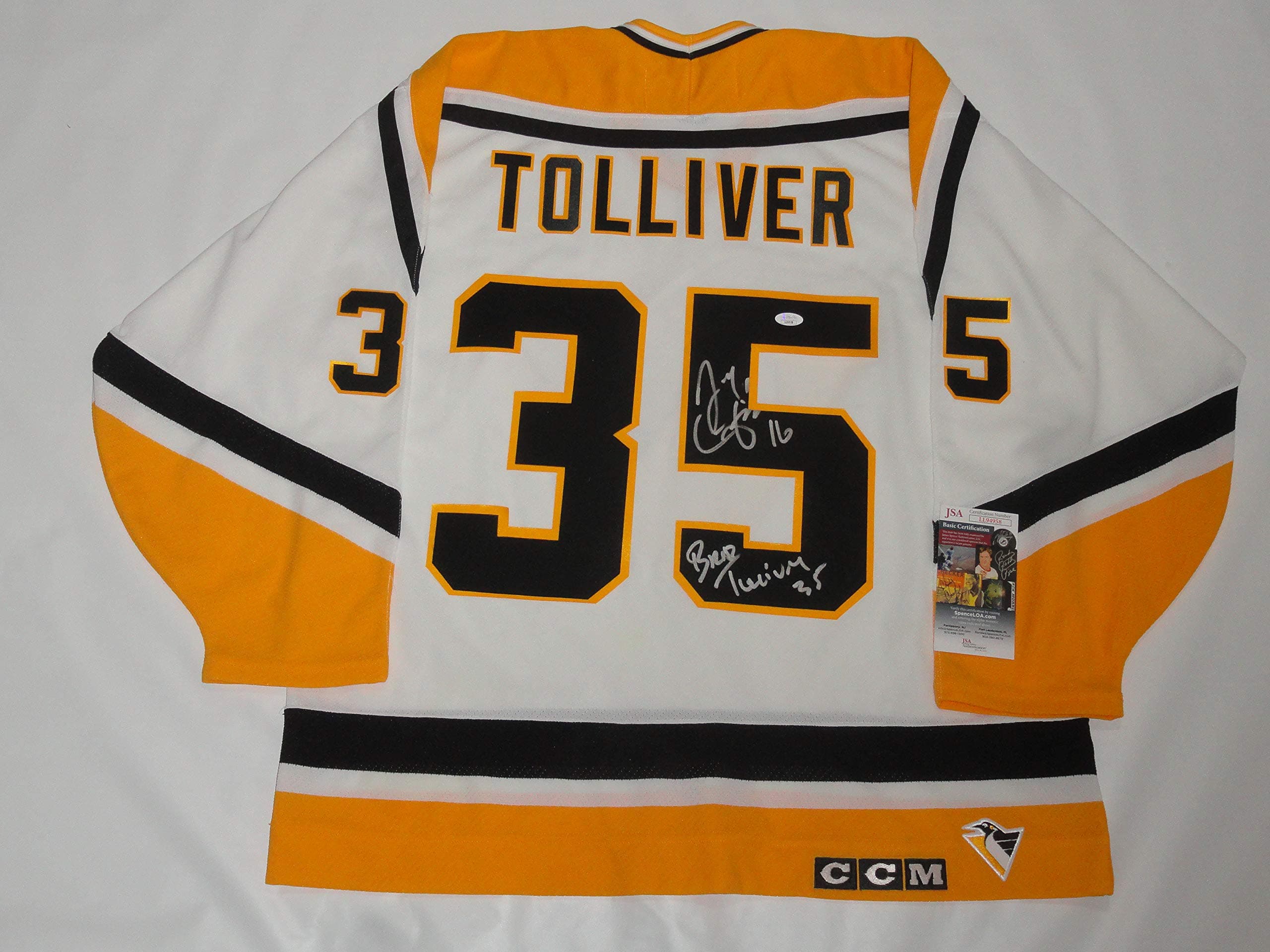 JAY CAUFIELD SIGNED BRAD TOLLIVER PENGUINS JERSEY SUDDEN DEATH JSA COA
