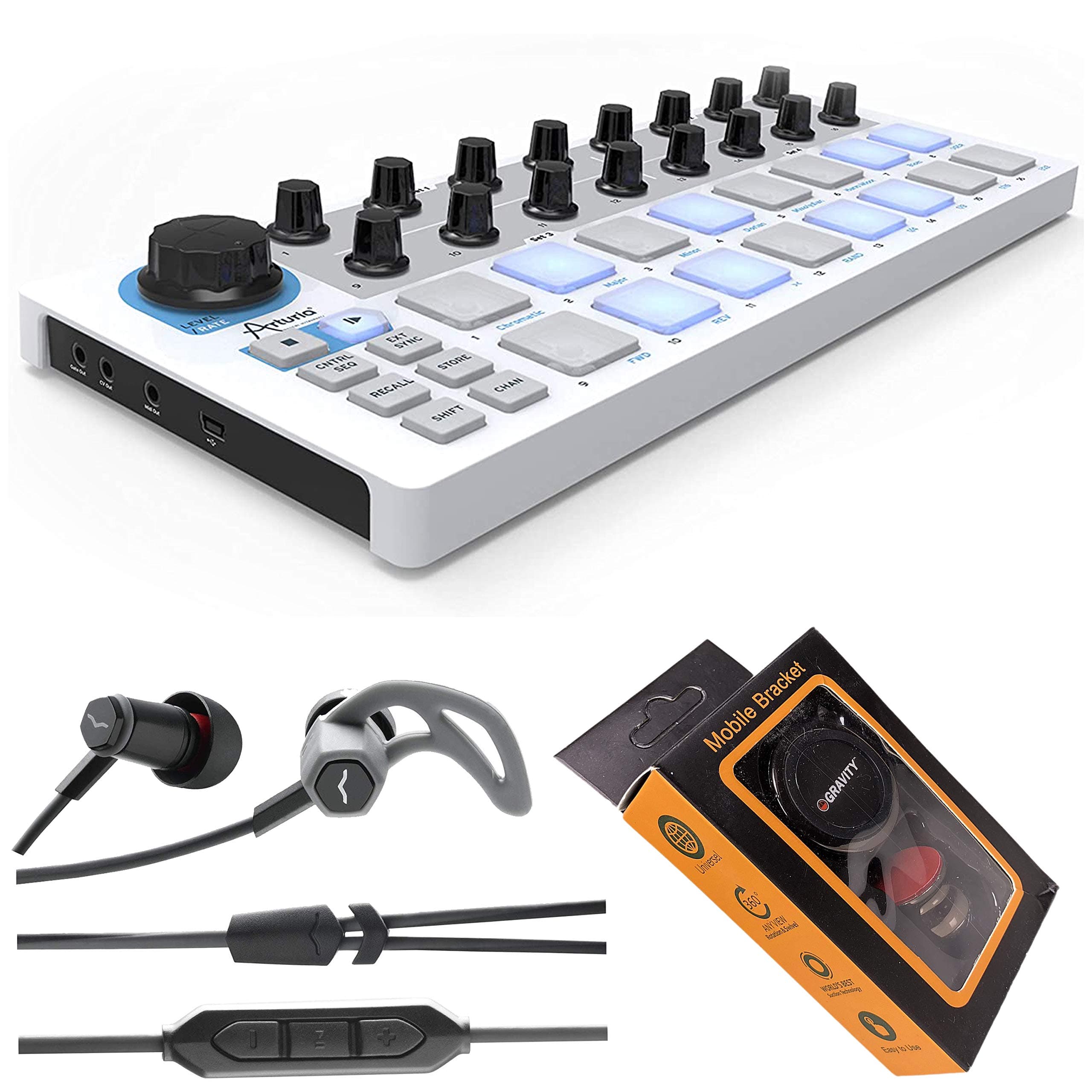 Arturia BeatStep Pad Controller and CV/Gate Sequencer USB/MIDI/CV Controller and 16-Step Sequencer with V-Moda Forza in-Ear Headphones and Gravity ...