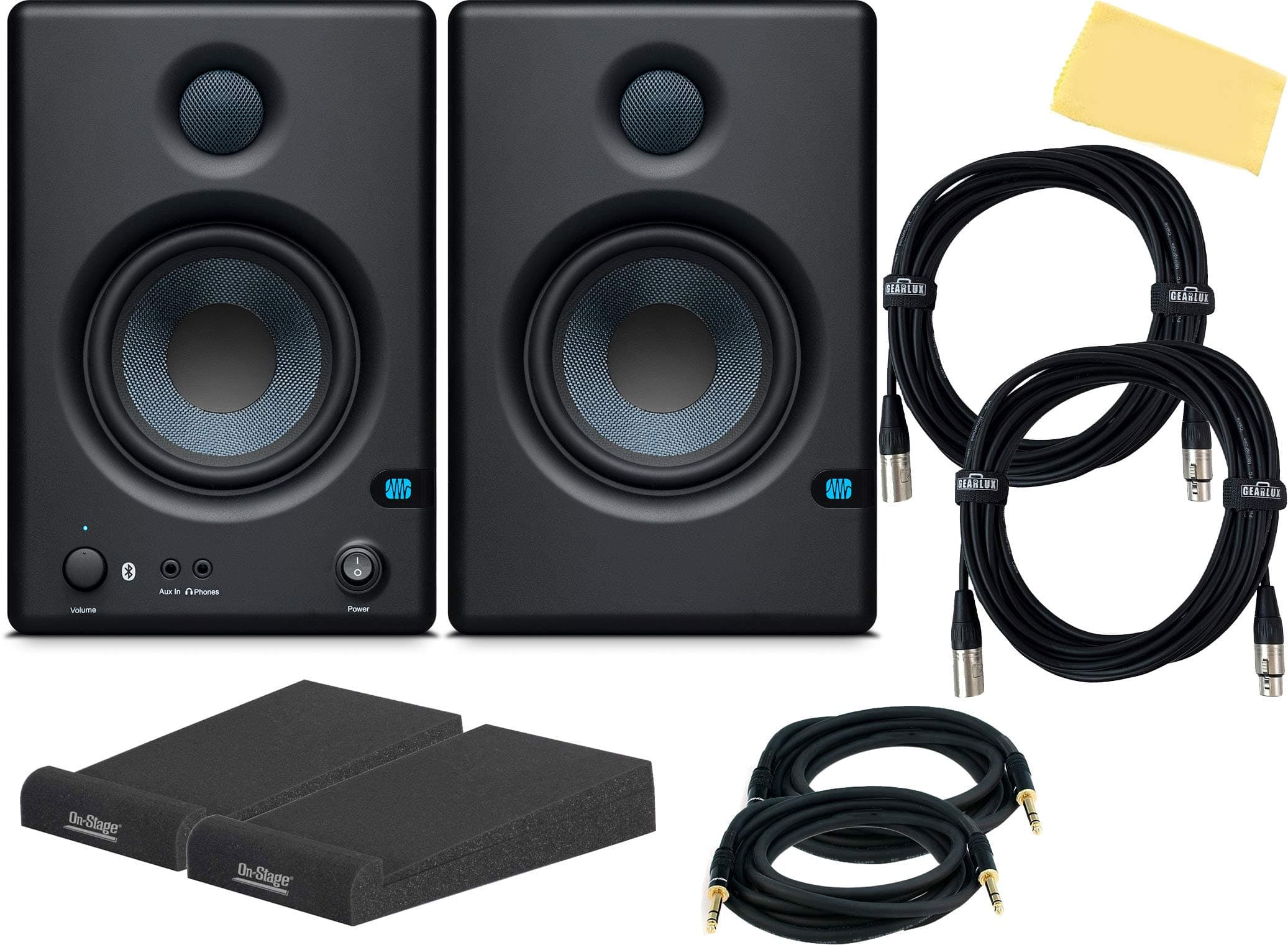 PreSonus Eris E4.5 Bluetooth 4.5" Active Media Reference Monitors with Bundle (Pair) with Gearlux XLR Cables, Isolation Pads, 1/4" TRS Cabl...