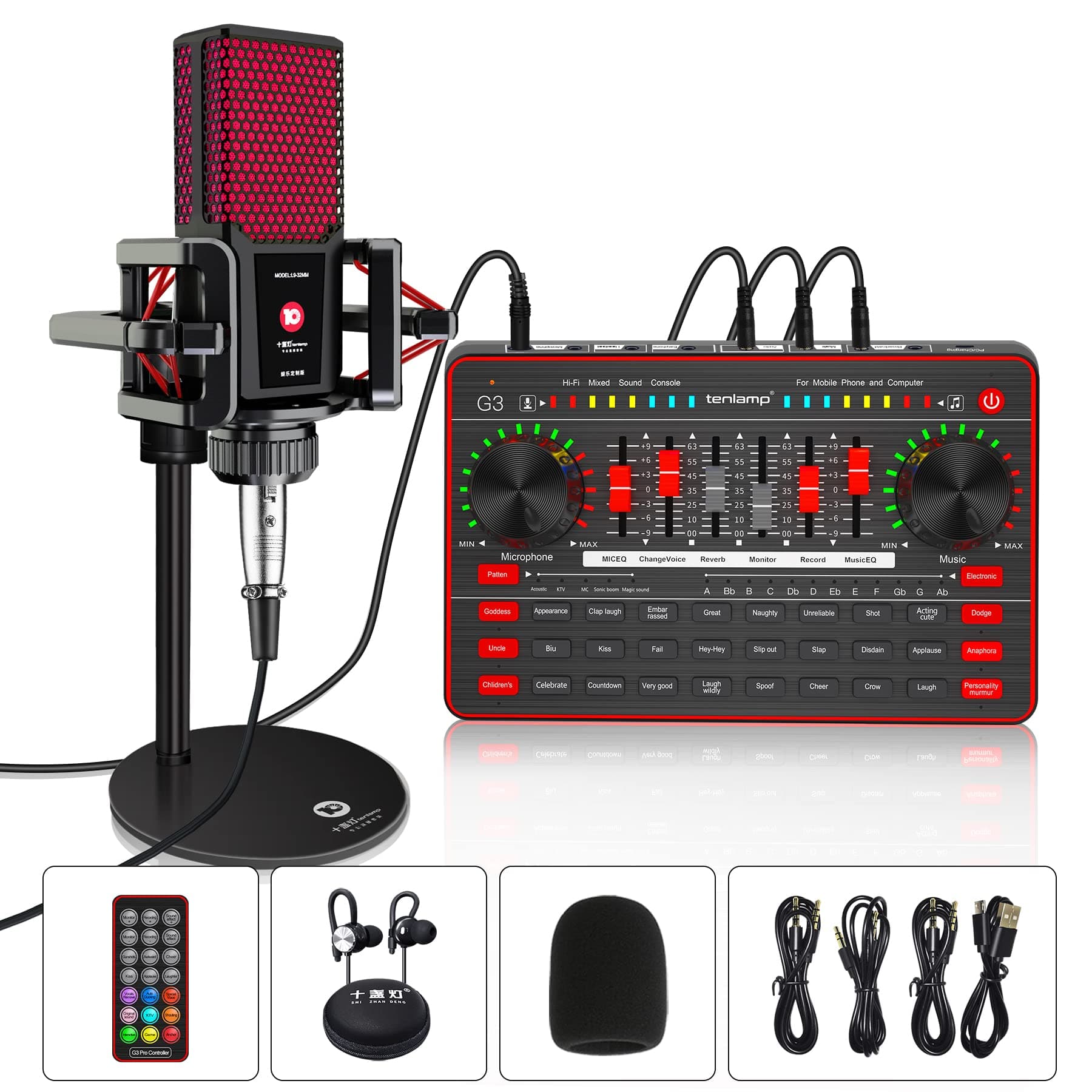 Podcast Microphone Sound Card Kit,Professional Studio Condenser Mic&G3 Live Sound Mixer/Voice Changer/Audio Interface/Audio Mixer for Streaming/Gam...