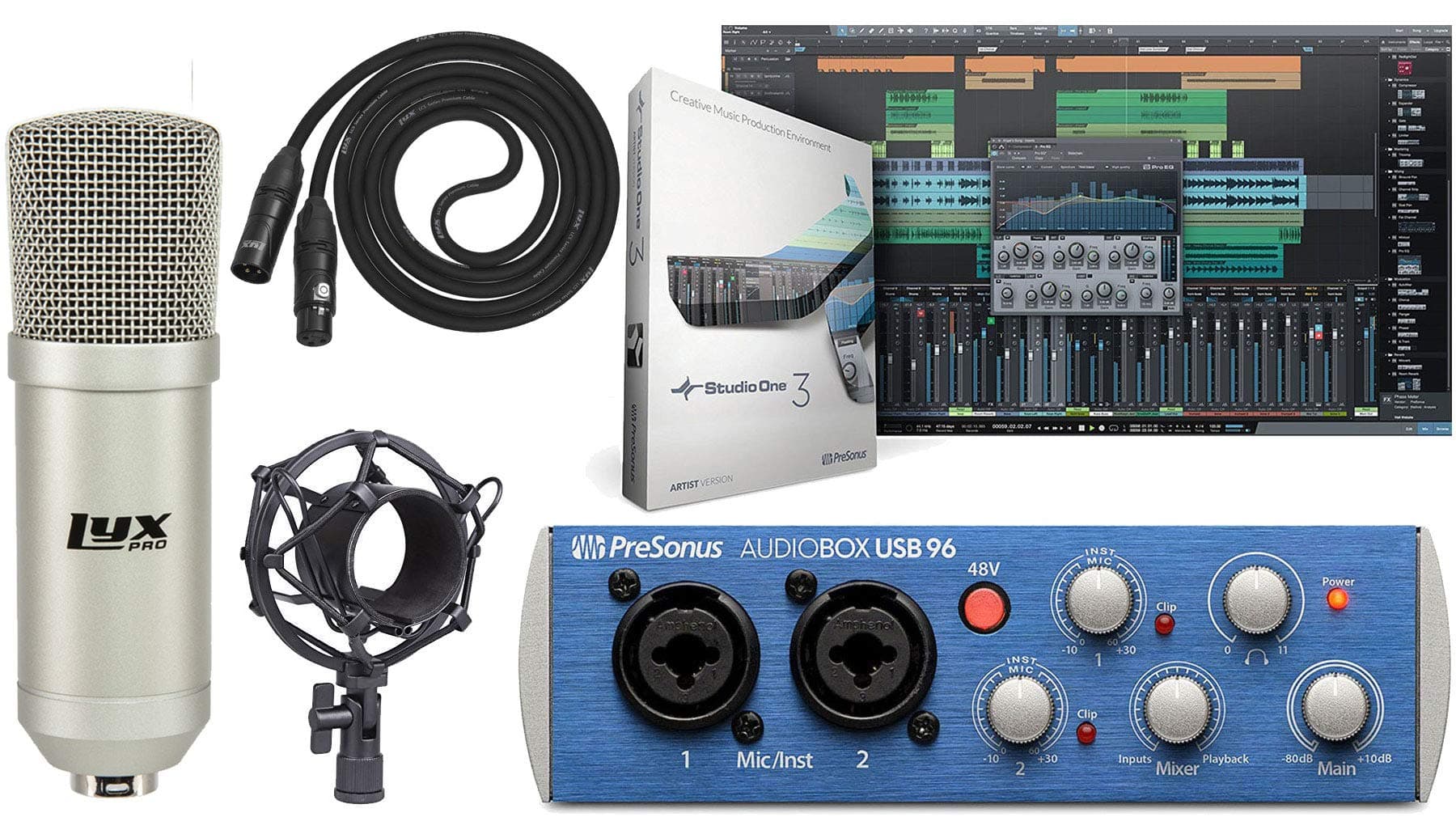 Presonus AudioBox 96 Audio USB 2.0 Recording Interface and Studio One Artist Software kit with Condenser Microphone Shockmount, and XLR Cable (Inte...