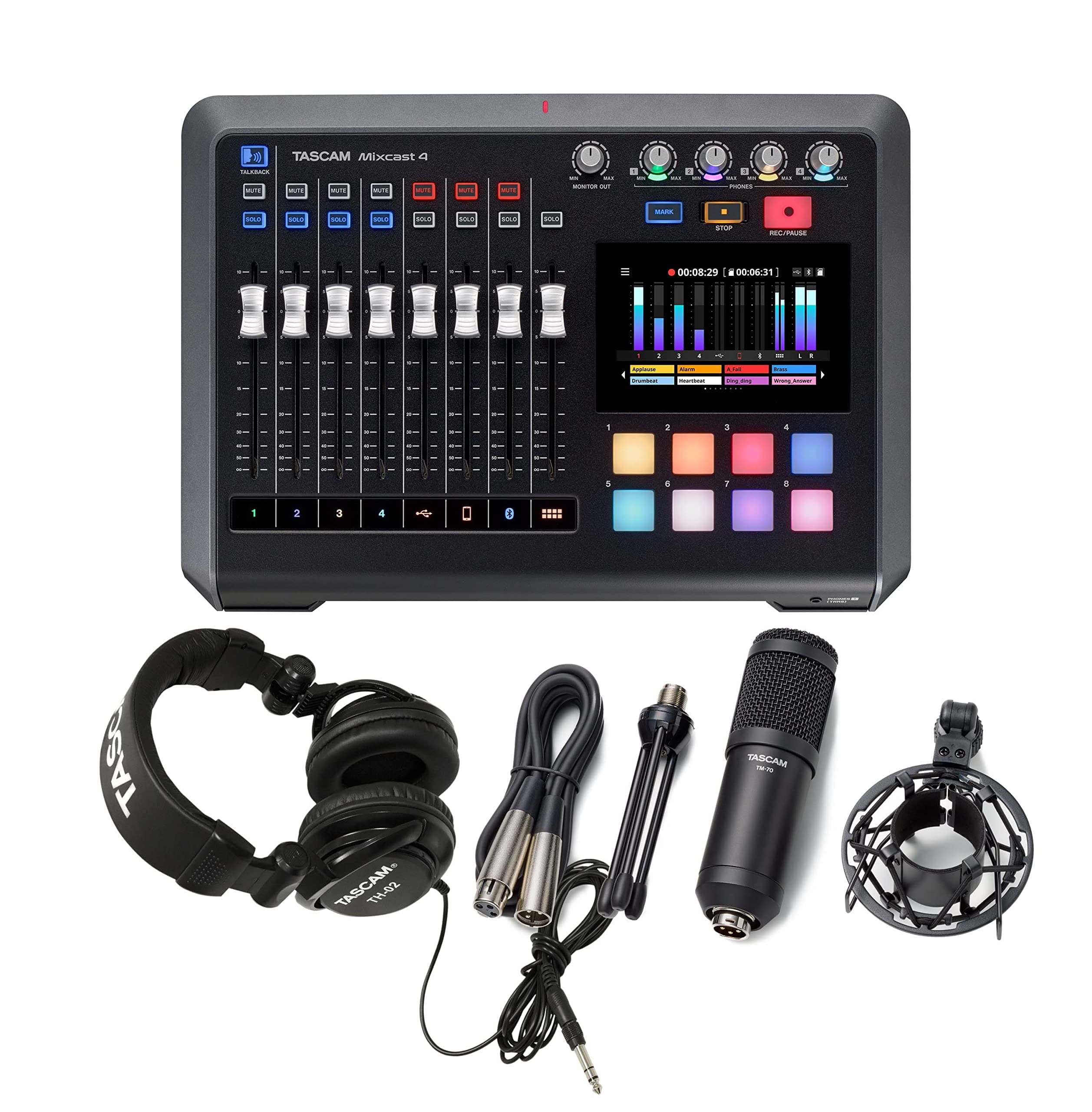 Tascam MIXCAST4B1 Bundle with TM-70 Dynamic Microphone and TH-02 Studio Headphones, Black (TAS
