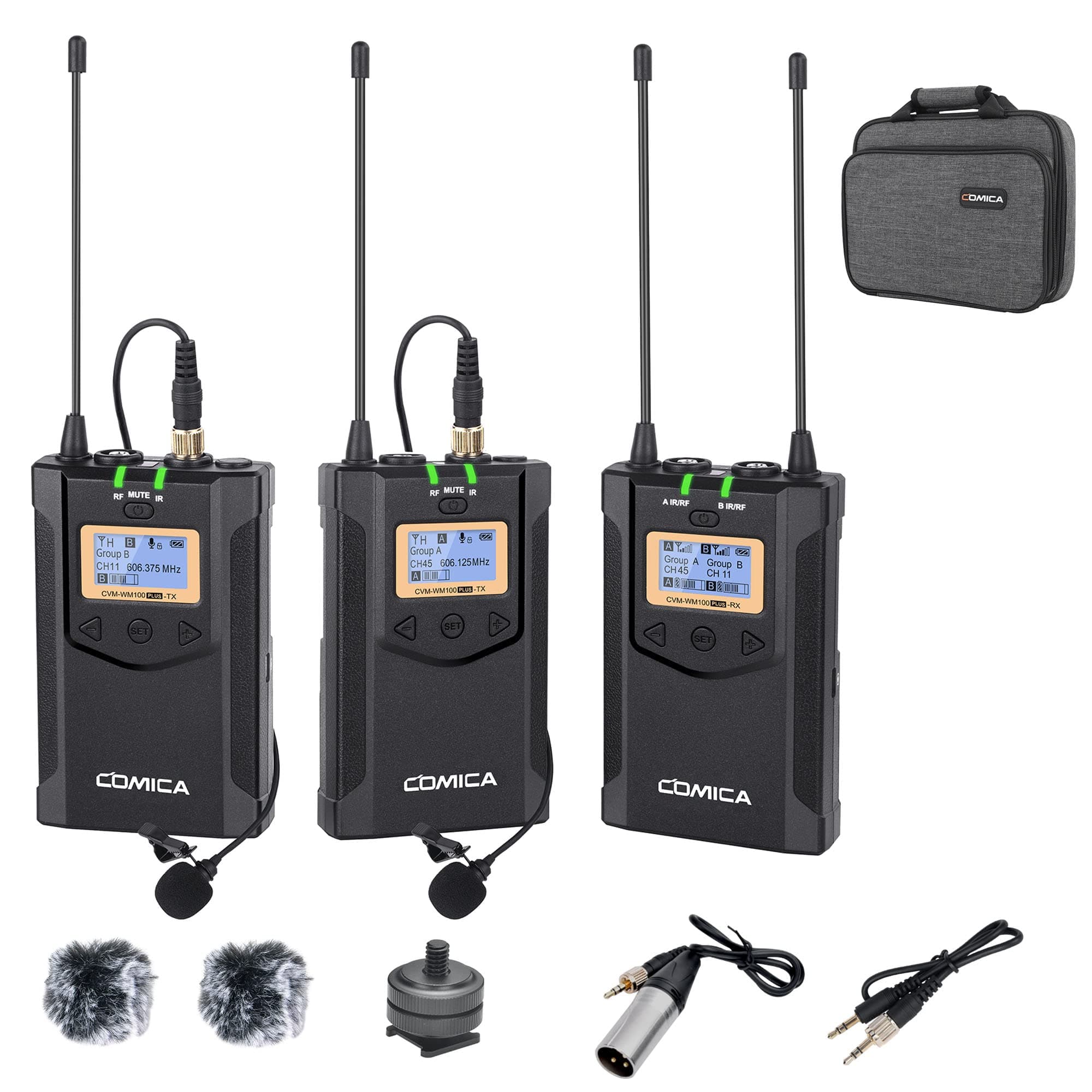 Wireless Microphone System, Comica CVM-WM100 PLUS UHF 48 Channels Dual Wireless Lavalier Microphones for DSLR Cameras, XLR Camcorders, Smartphones,...