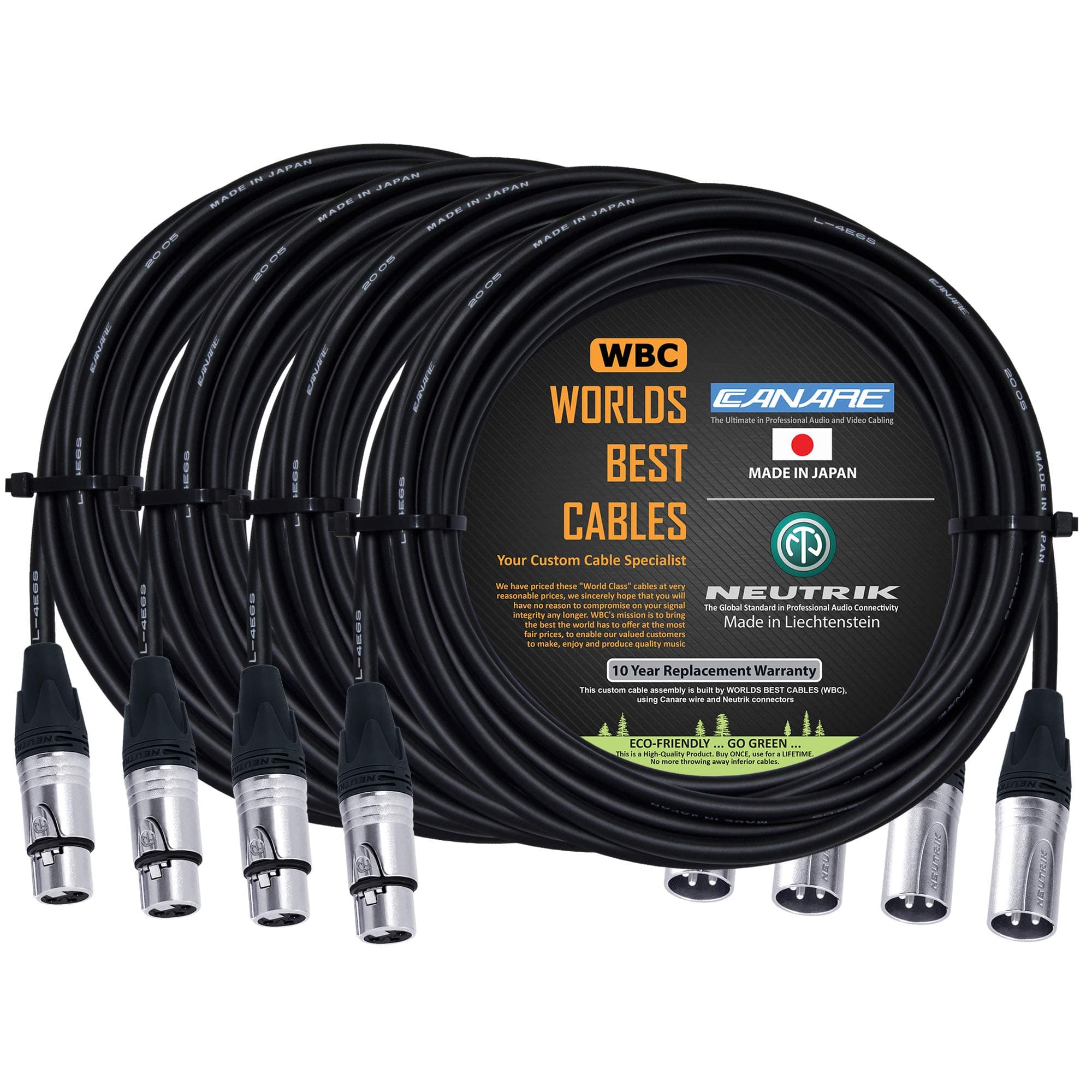 4 Units - 25 Foot – Quad Balanced Microphone Cable Custom Made by WORLDS BEST CABLES – Using Canare L-4E6S Wire and Neutrik Silver NC3MXX Male & NC...