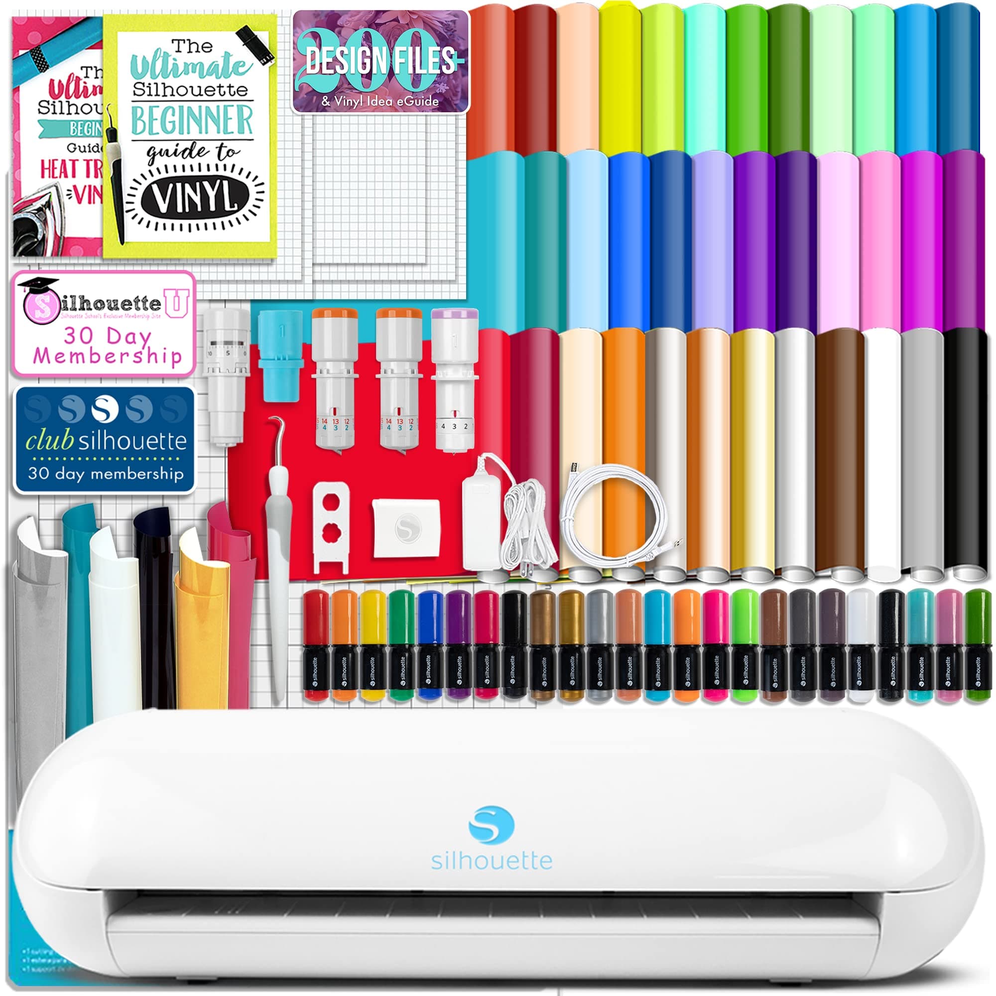 Silhouette Portrait 3 Bundle with Advanced Blade Pack, 38 Vinyl Sheets, T-Shirt HTV, Sketch Pens, and More