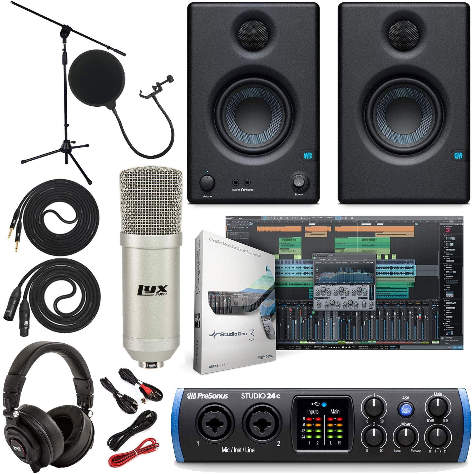 PreSonus Studio 24c 2x2 USB Type-C Audio/MIDI Interface w/Eris 3.5 Pair Studio Monitors and 1/4” TRS to TRS Instrument Cable and LyxPro Recording B...
