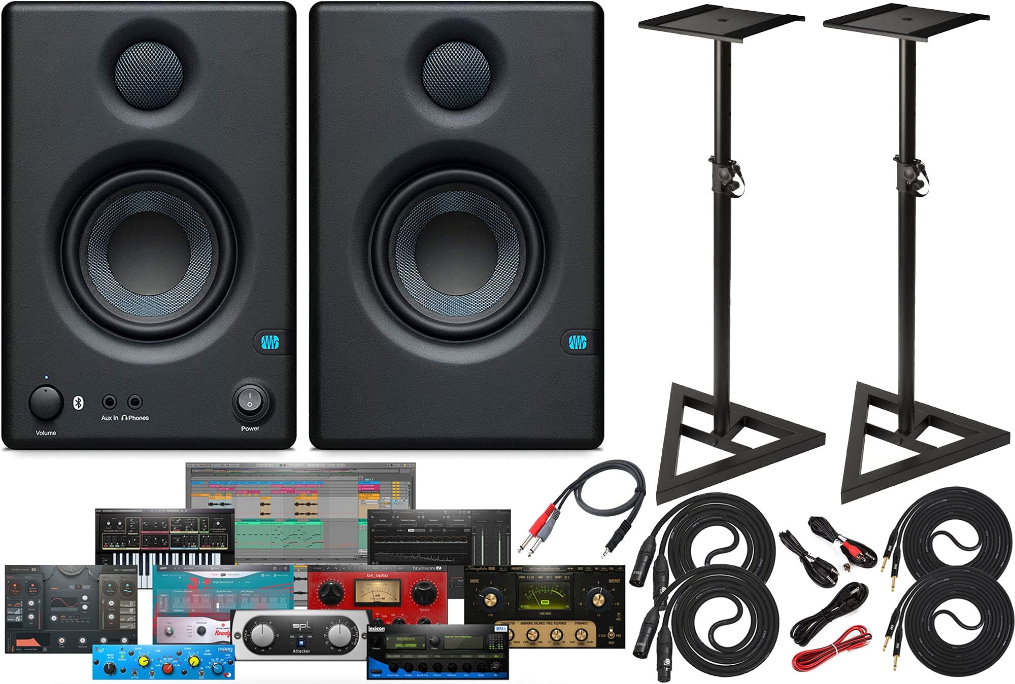 PreSonus Eris E3.5 BT Studio Bluetooth Monitors Pair 2-Way with Ultimate Support Adjustable Stands + LyxPro Cable Kit and Software Kit
