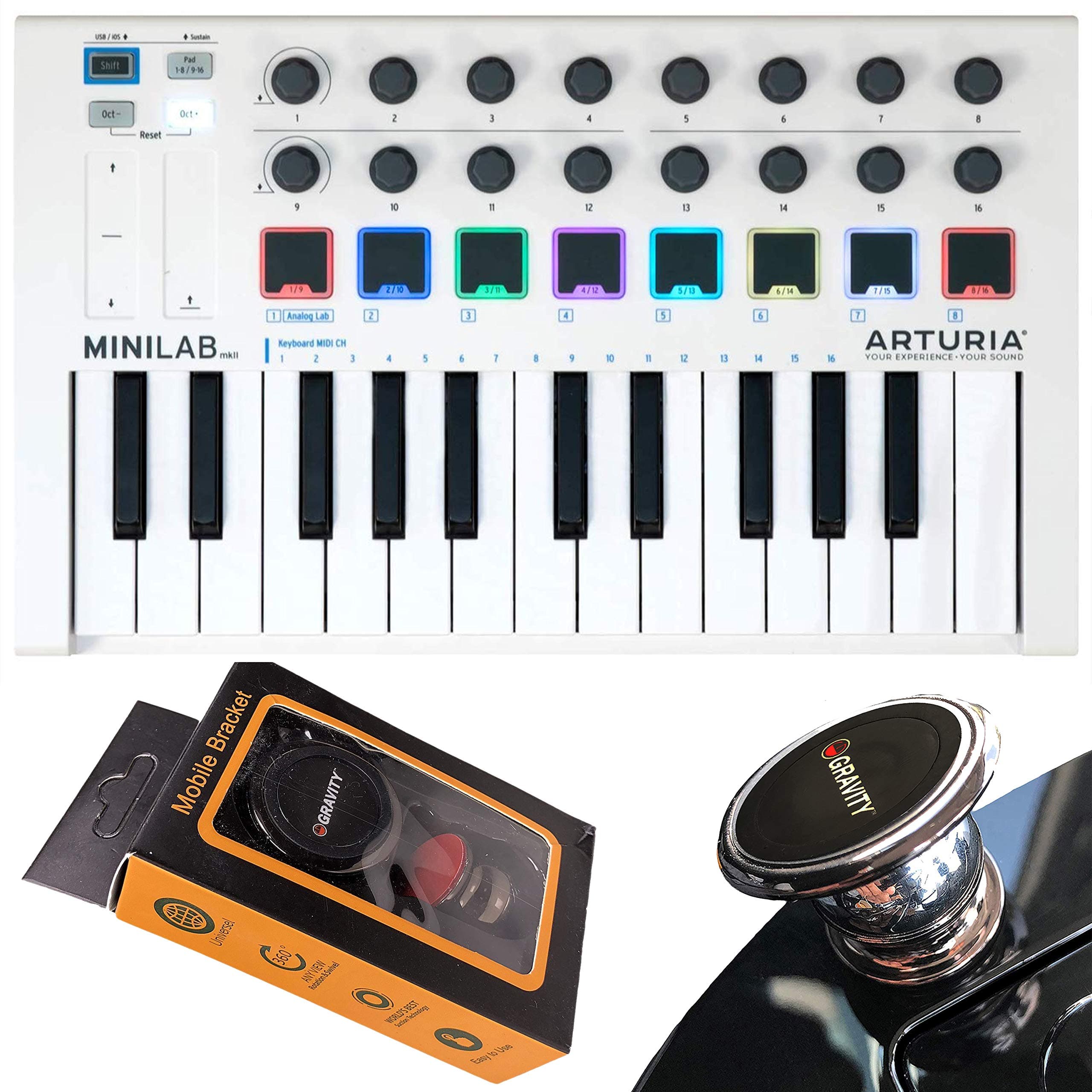 Arturia MiniLab MkII 25 Slim-Key Controller 25-Note USB Mini Keyboard Controller with 16 Encoders with Gravity Magnet Phone Holder Bundle
