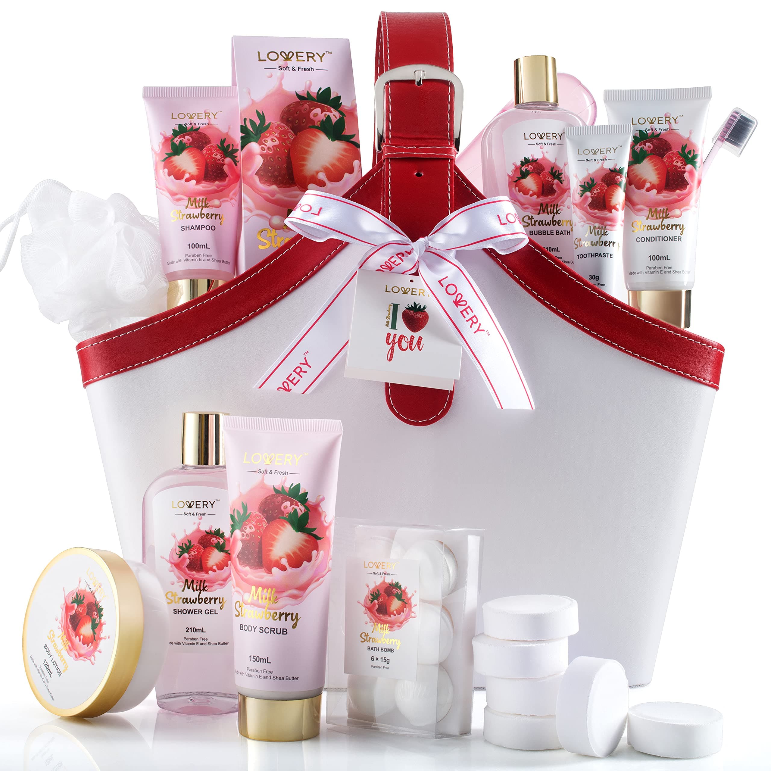 Home Spa Kit Gift Set – Strawberry Milk Scented Bath Set, 25Pcs, Shower Gel, Body Lotion, Shower Steamers, Shampoo, Tooth Paste & Brush in a Leathe...