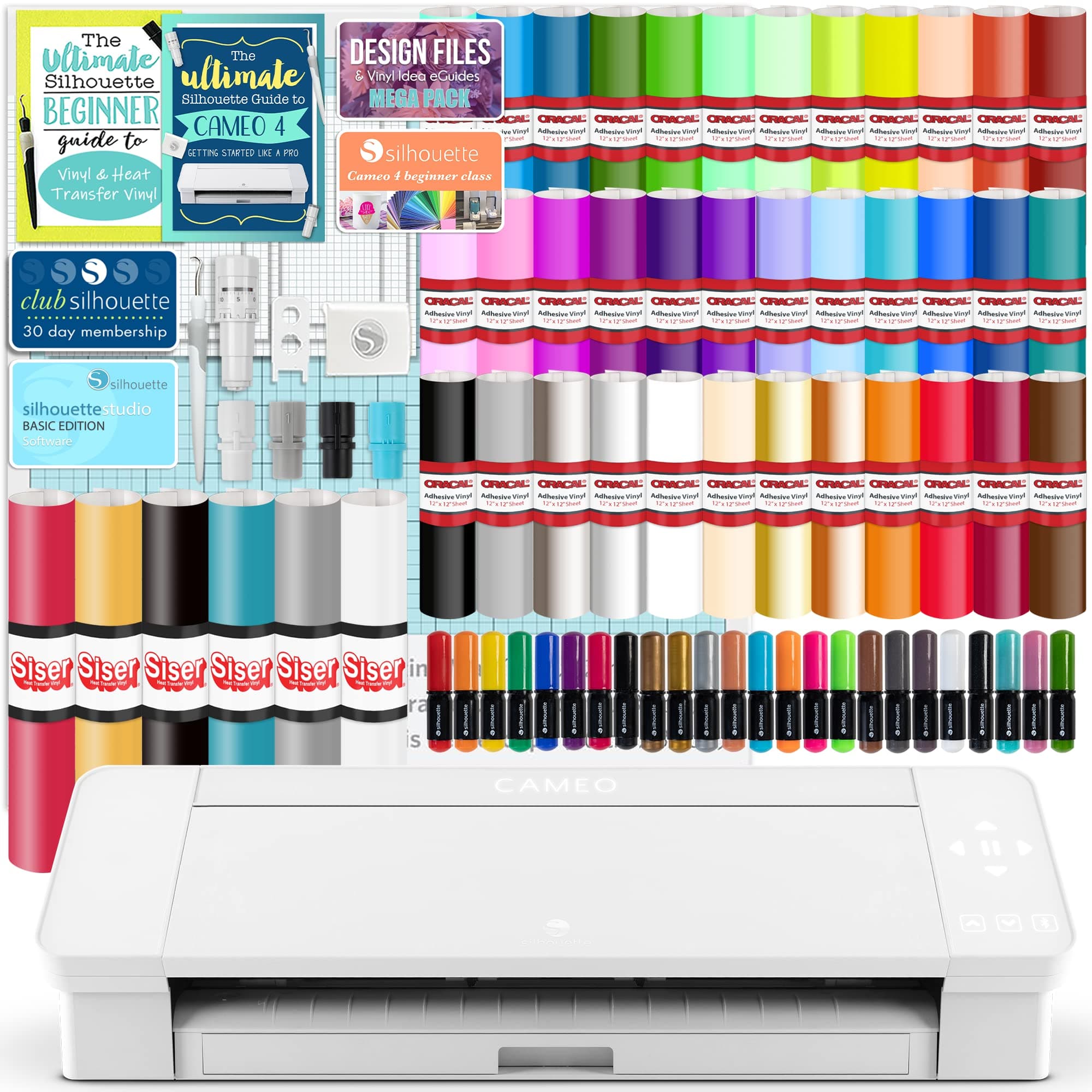 Silhouette White Cameo 4 Starter Bundle with 38 Oracal Vinyl Sheets, T-Shirt Vinyl, Transfer Paper, Class, Guides and 24 Sketch Pens