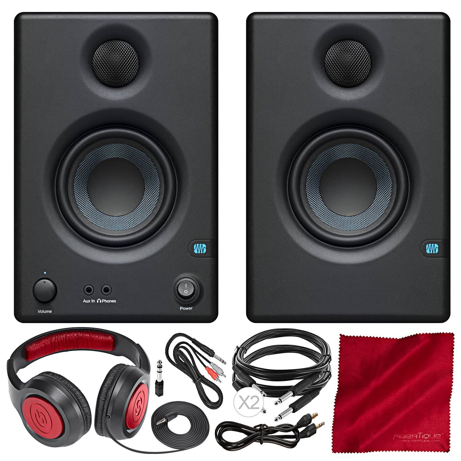 PreSonus Eris E3.5 3.5" 2-Way 25W Nearfield Monitors (Pair) with Acoustic Tuning Pair and Deluxe Accessory Bundle w/Closed-Back Stereo Headphon...