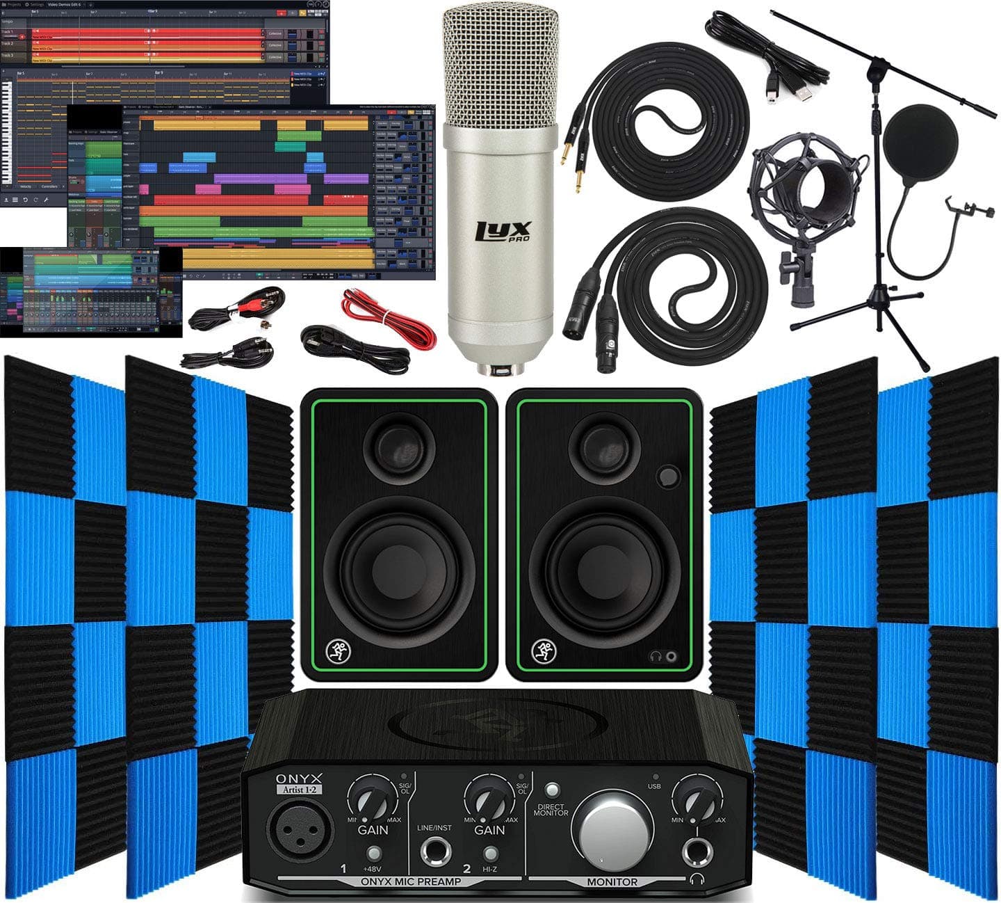 Mackie Onyx Artist 1-2 Audio/Midi interface With Pro Tools First Software Studio Bundle with CR3-X Pair Studio Monitors, 24 Pack Acoustic Soundproo...