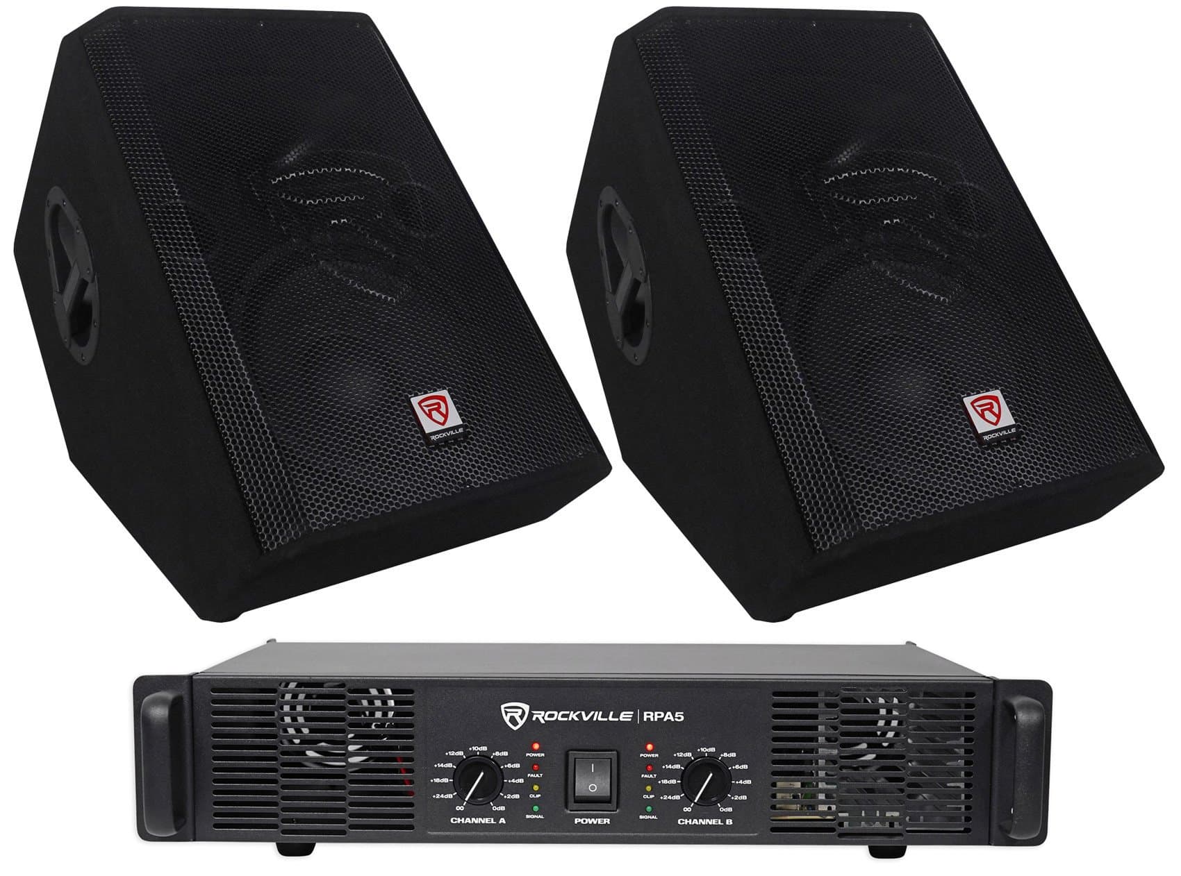 2) Rockville RSM12P 12" 2000 Watt Passive Stage Floor Monitor Speakers and Amplifier