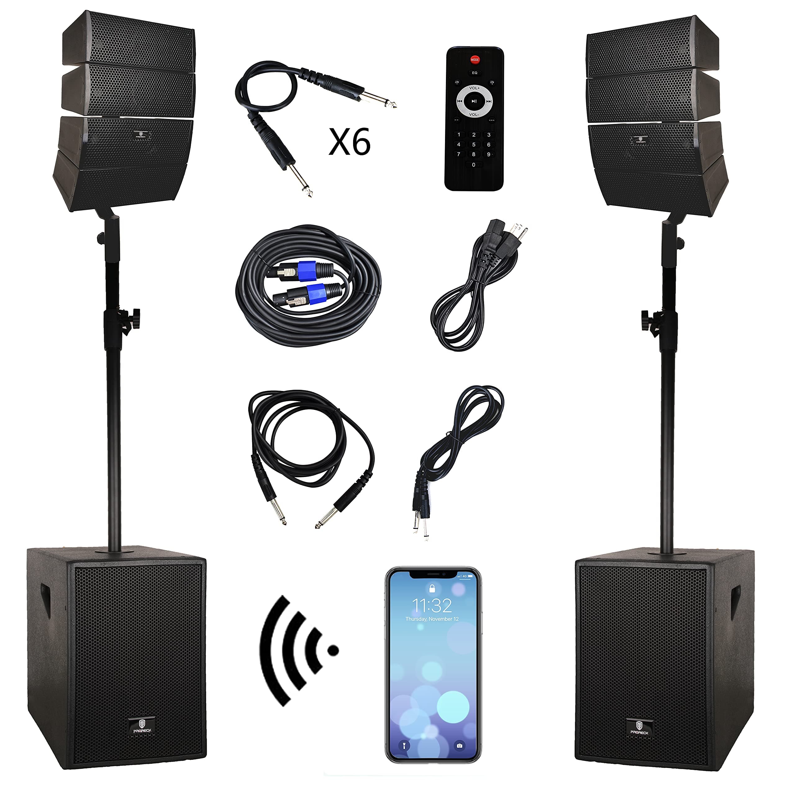 RECK Club 3000 4000 Watt DJ/Powered PA Speaker System Combo Set with Bluetooth/USB/SD Card/Remote Control (Two 12-Inch Subwoofers and 8X Array Spea...