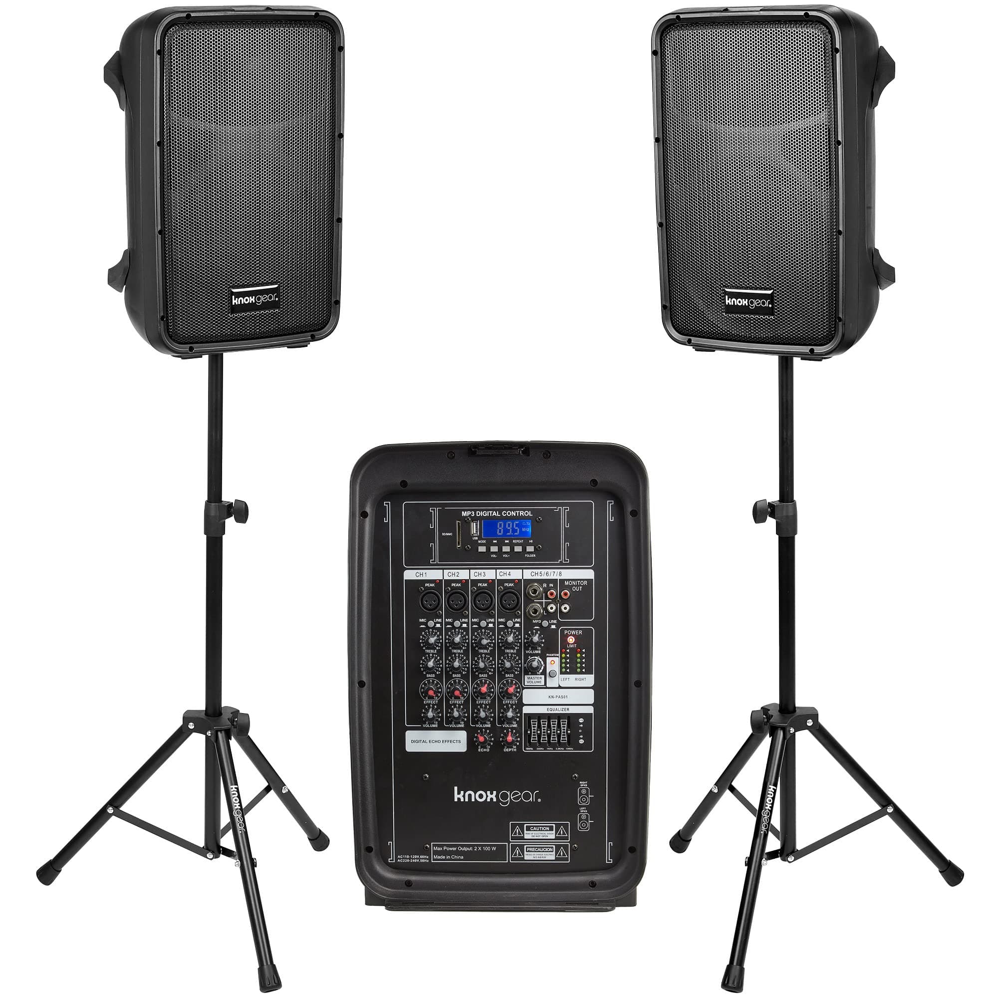 Knox Dual Speaker and Mixer Set–Portable 8” 300 Watt DJ PA System with Wired Microphone & Tripod Stands, 8 Channel Amplifier, Bluetooth, USB, SD, 1...