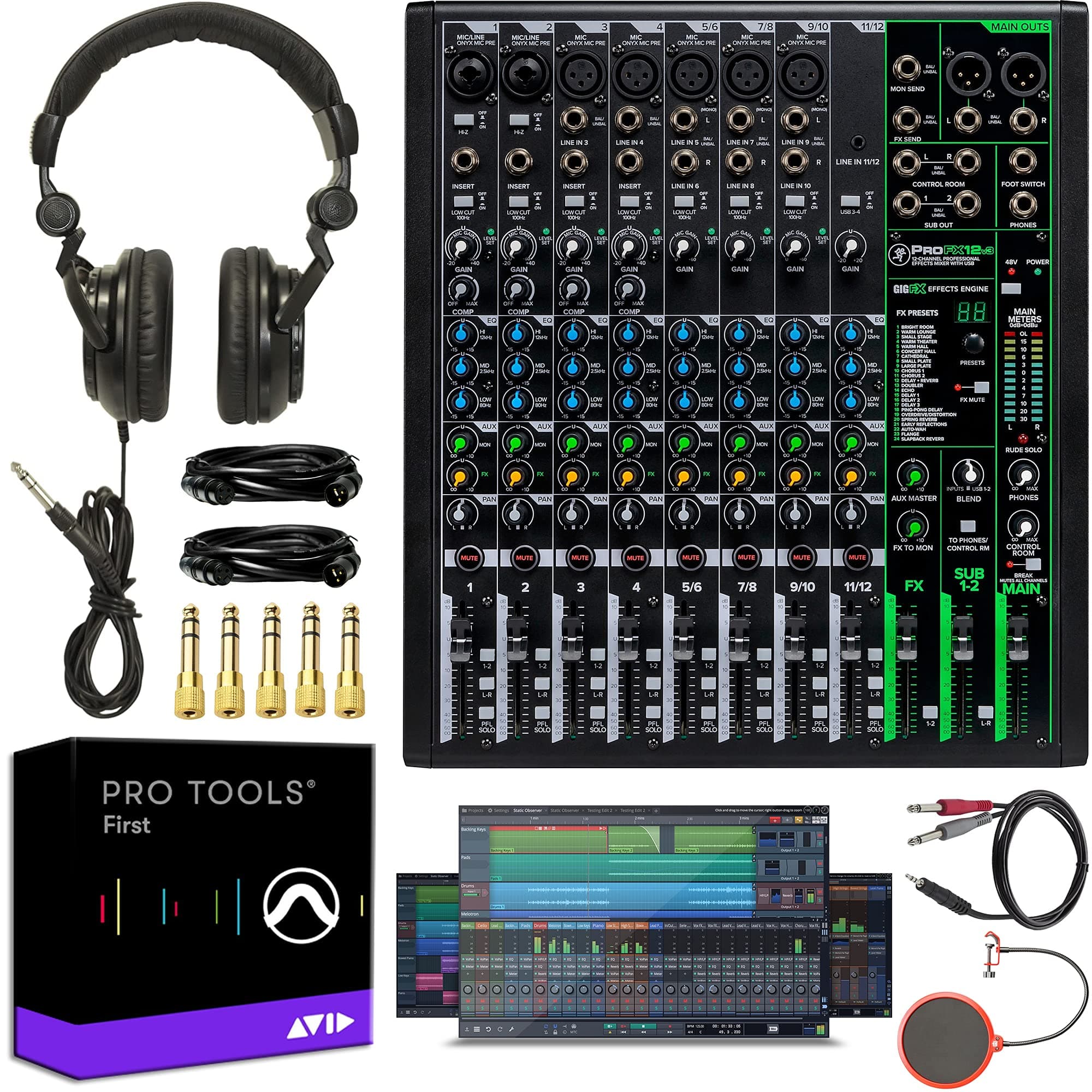 Mackie ProFX12v3 12-Channel Professional Effects Mixer ProFXv3 Series with USB & Pro Tools First Software Bundle with Tascam Studio Headphones + De...