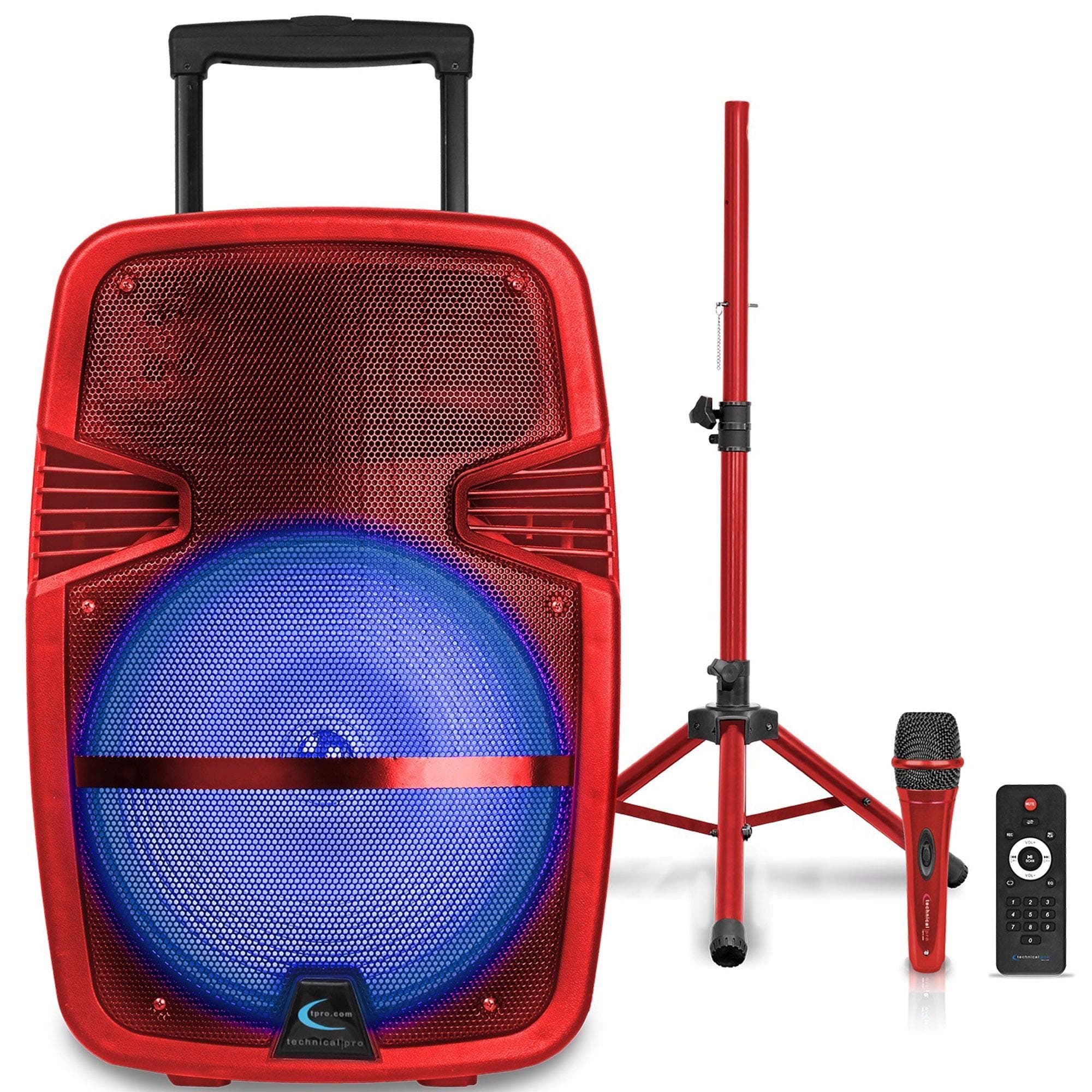 Technical Pro 15" Portable Rechargeable Battery Powered 3000 Watts Pro DJ Bluetooth LED Loudspeaker Package with Tripod Stand, Microphone, Remo...