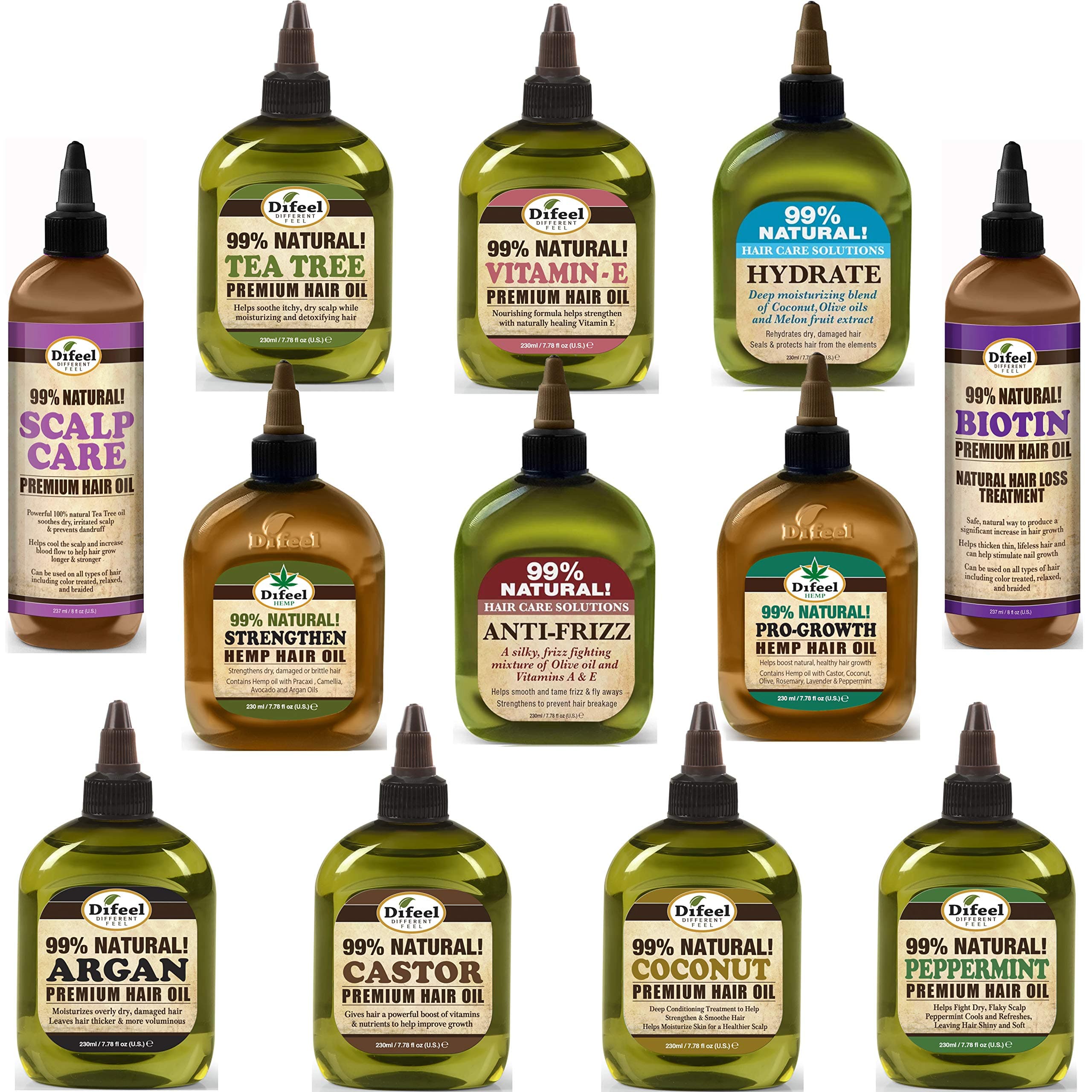 Difeel Premium Natural Hair Oil Collection Complete 12 Piece Hair Oil Set - LARGE SIZE 7.78 oz BOTTLES