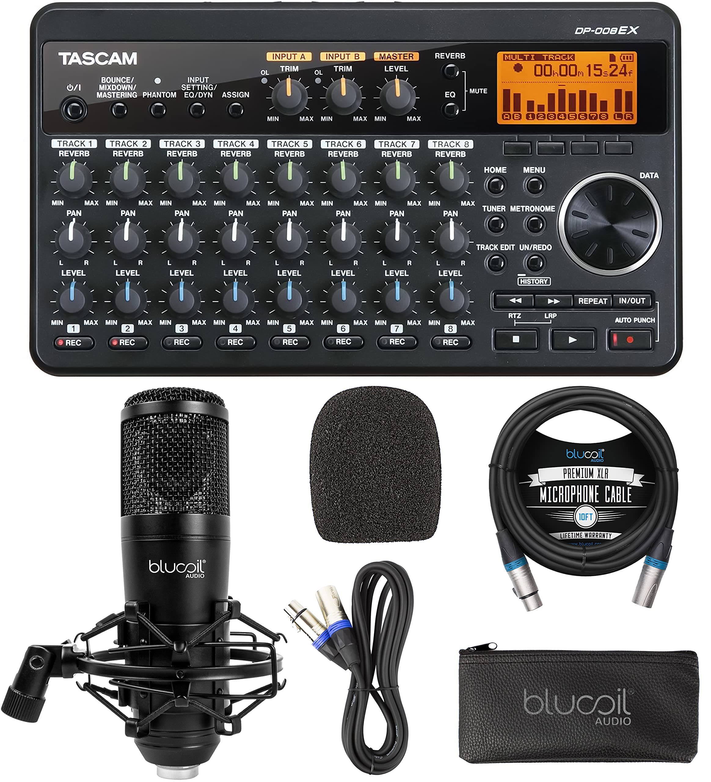 Tascam DP-008EX 8-Track Digital PocketStudio Multi-Track Audio Recorder, Black Bundle with Blucoil Cardioid Condenser Studio XLR Microphone, and 10...