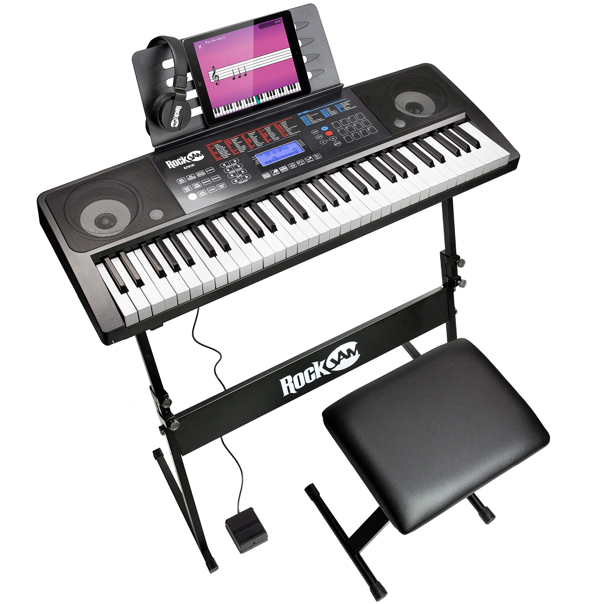 RockJam 61 Key Touch Display Keyboard Piano Kit with Digital Piano Bench, Electric Piano Stand, Headphones Piano Note Stickers, Sustain Pedal & Sim...