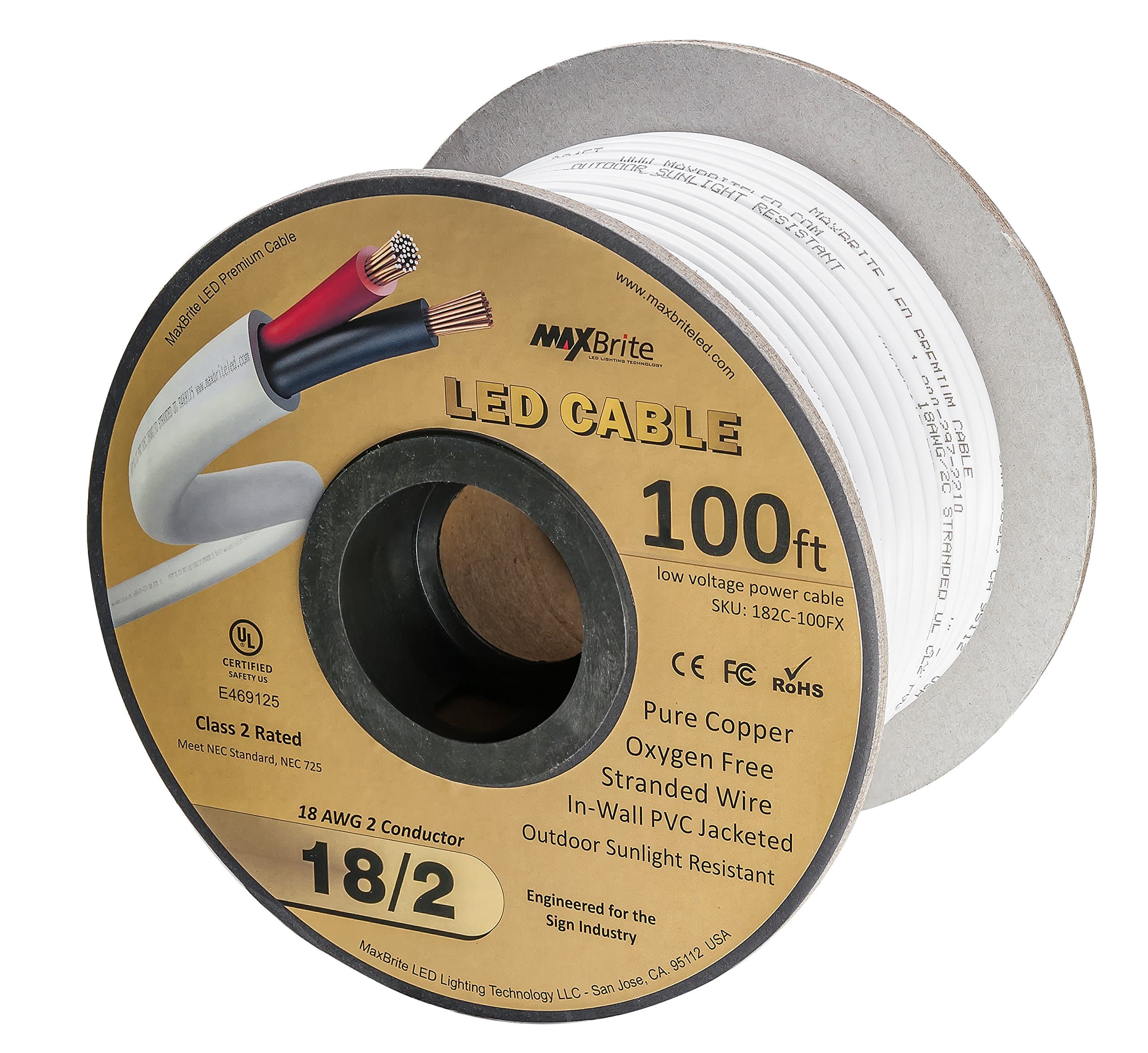 100 ft. 18AWG Low Voltage LED Cable, 2 Conductor, Outdoor Rated, Jacketed in-Wall Speaker Wire UL Listed Class 2, Sunlight Resistant