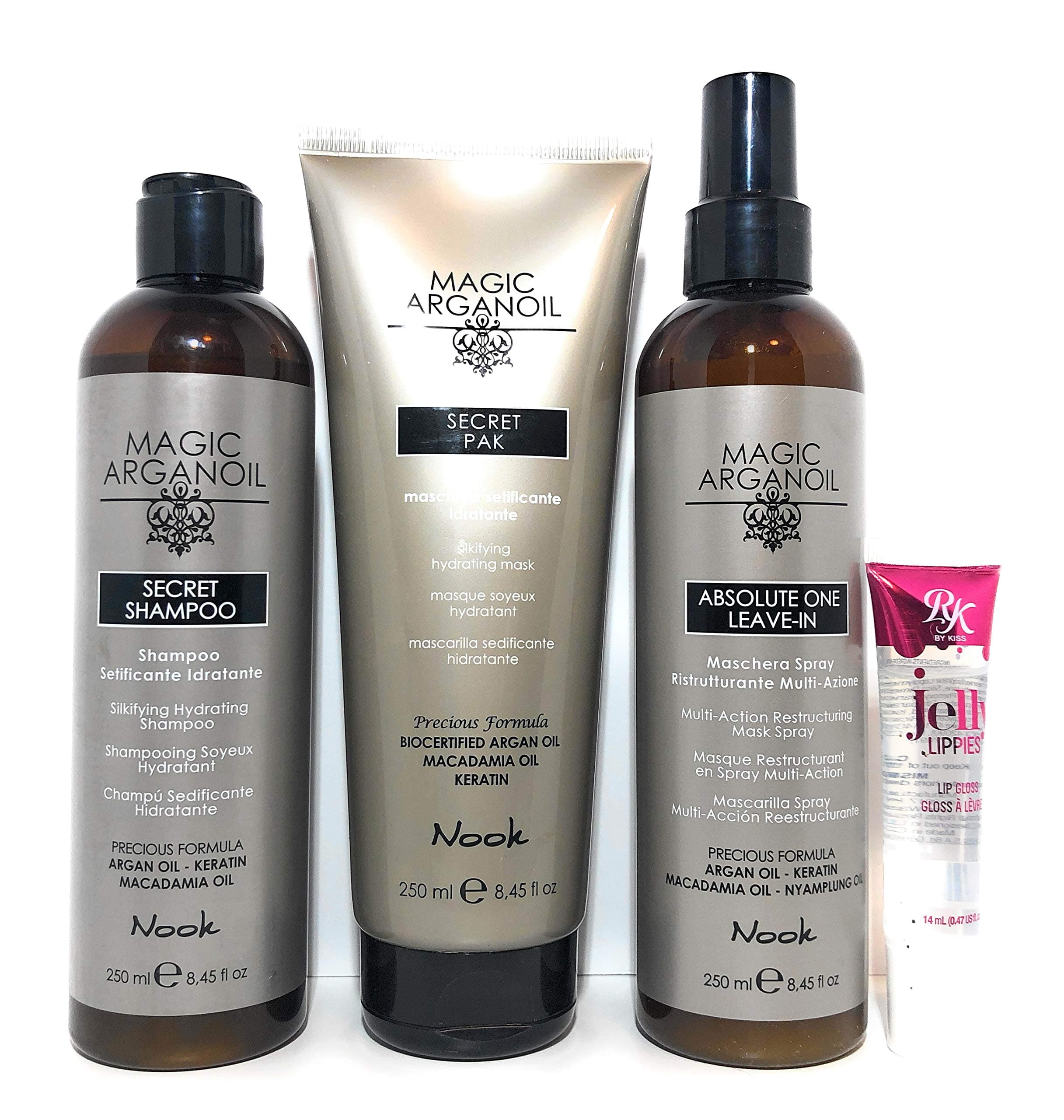 Maxima Nook Magic Argan Oil Shampoo, Magic Pak (Mask) & Magic Absolute One Leave-in Spray 8.45 Oz -Free RK Jelly Lippie l