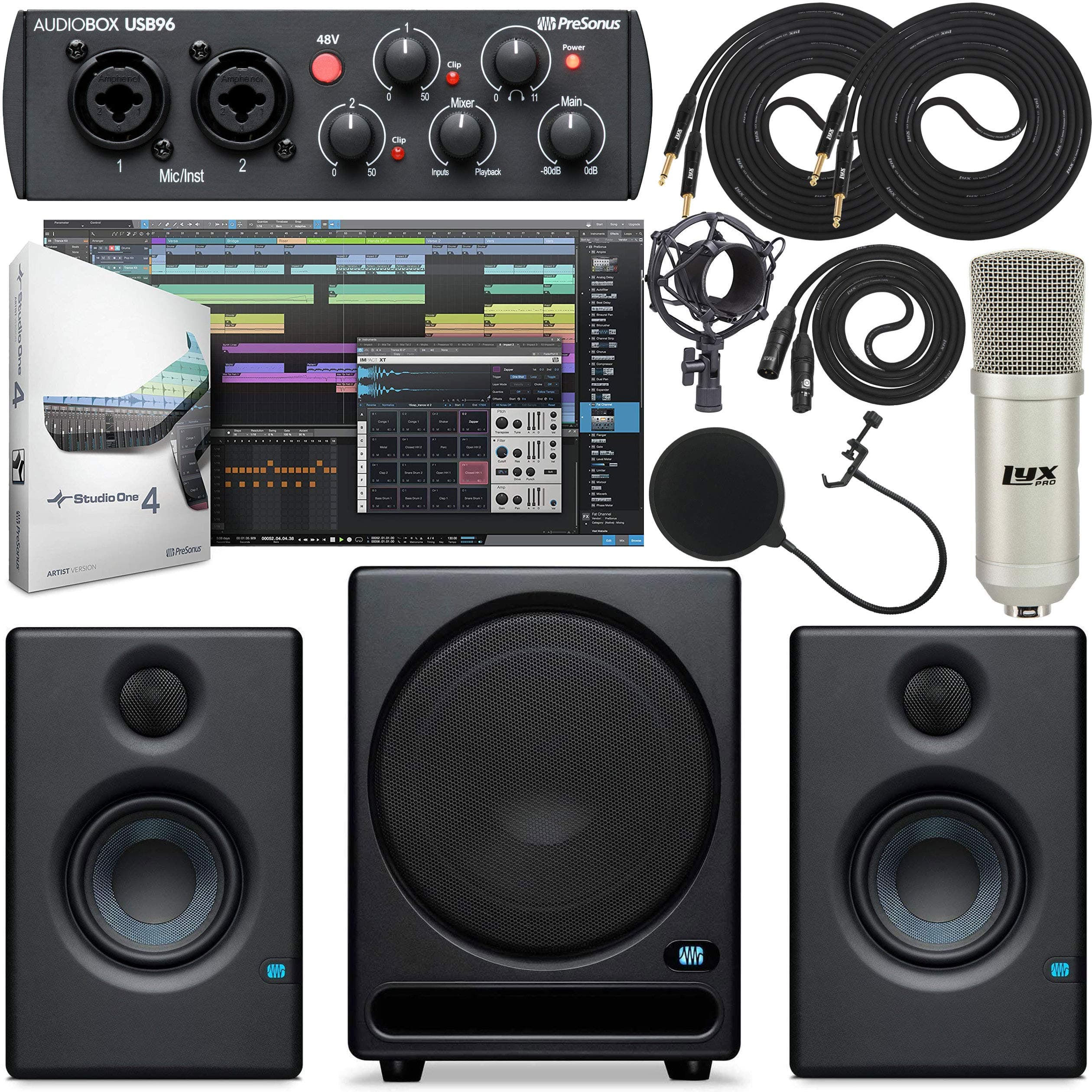 PreSonus Temblor T10 Active 10" Powered Subwoofer w/Eris 3.5 Pair Monitors and AudioBox 96 Audio Interface Bundle with Studio One Artist Softwa...