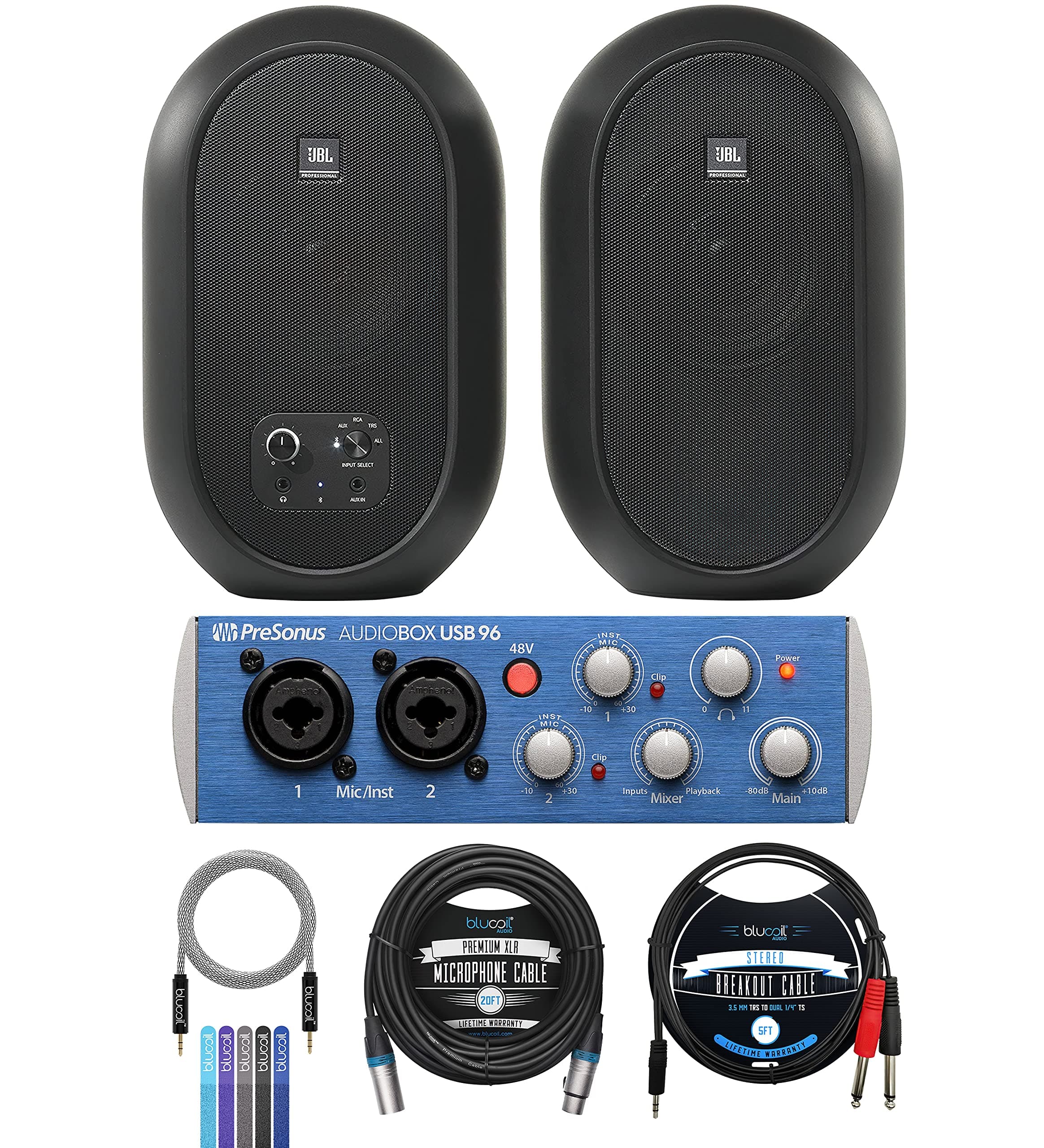 JBL Professional 1 Series 104-BT Reference Monitors with Bluetooth (Pair) Bundle with PreSonus AudioBox USB 96 Audio Interface, Blucoil 20' XLR...