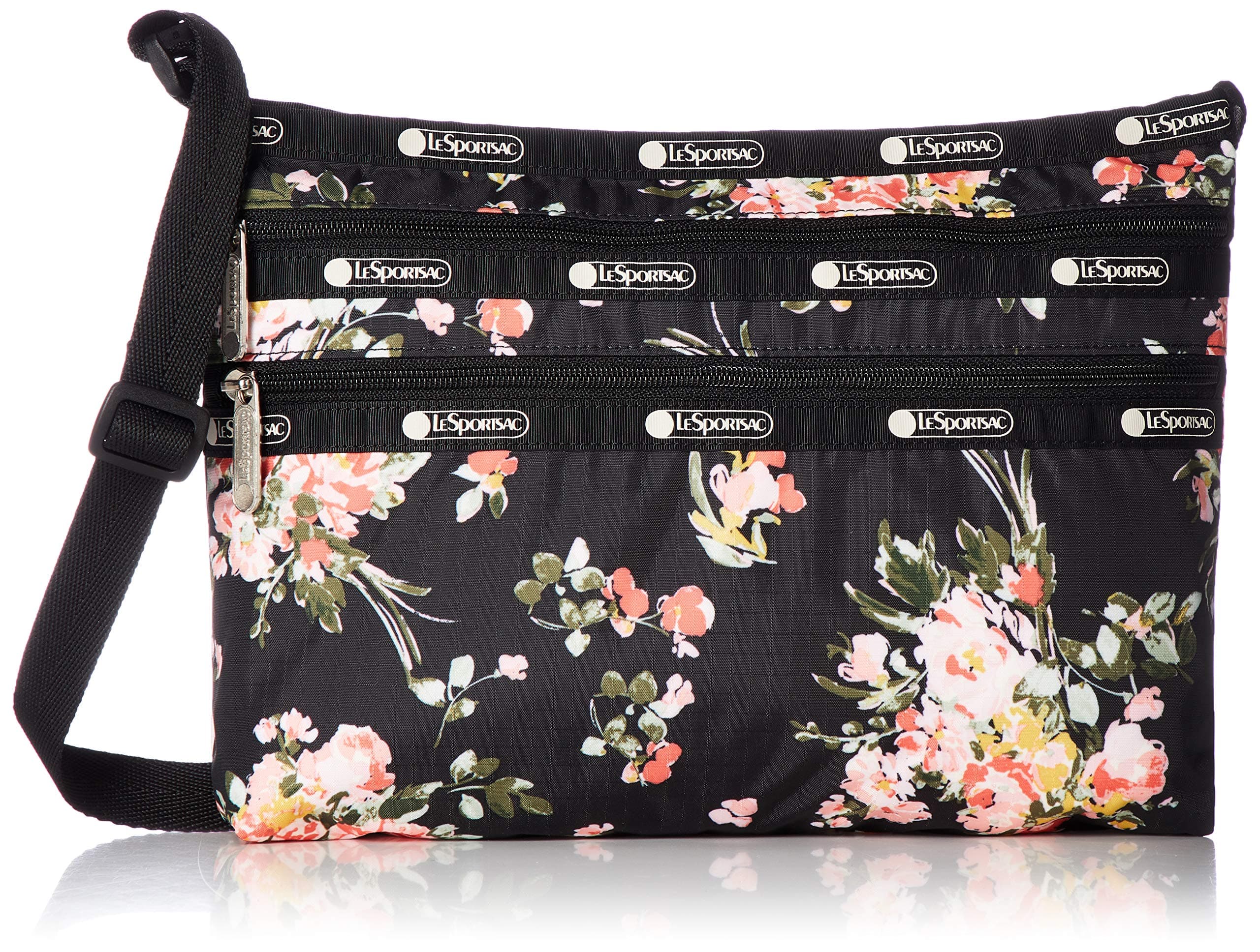 LeSportsac Garden Rose Quinn Crossbody Handbag, Style 3352/Color F632, Modern Multi-color Roses on Classic Black Bag