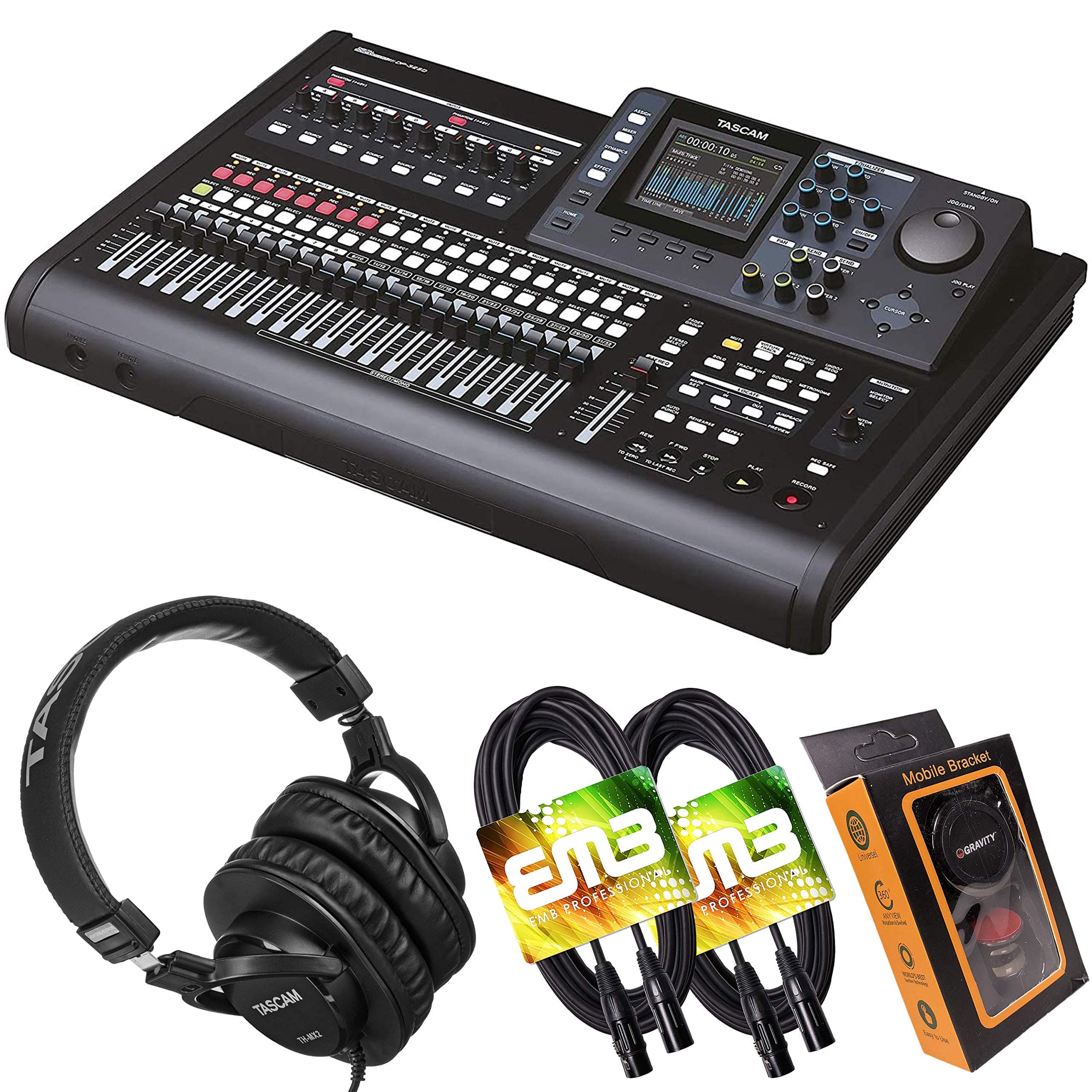Tascam DP-32SD 32-Track Digital Portastudio Multi-Track Audio Recorder with Pro Headphone and Pair of EMB XLR Cables and Gravity Magnet Phone Holde...