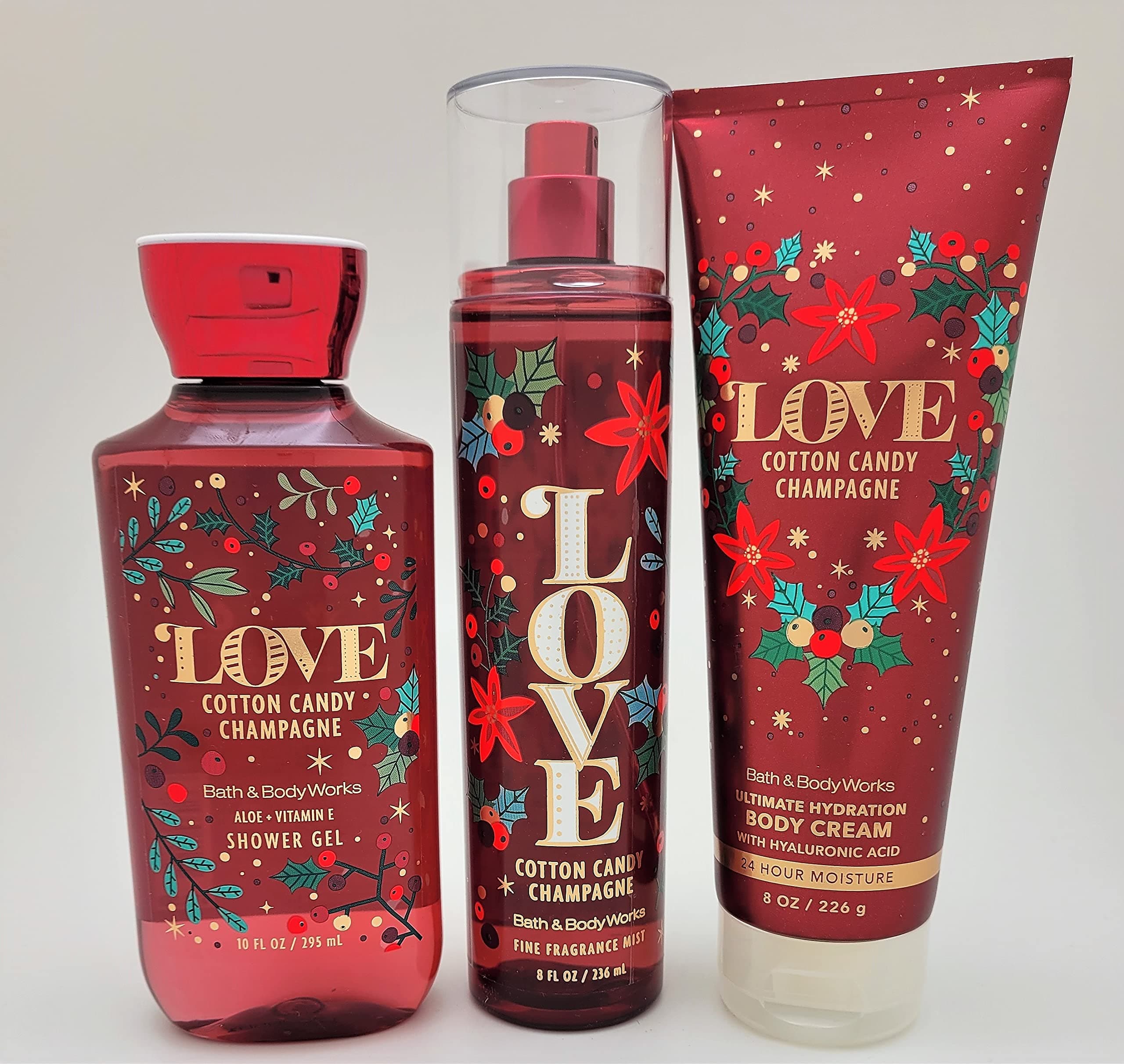 Bath & Body Works – LOVE - Cotton Candy Champagne - 3 pc Bundle - Fine Fragrance Mist, Ultimate Hydration Body Cream and Shower Gel - 2021