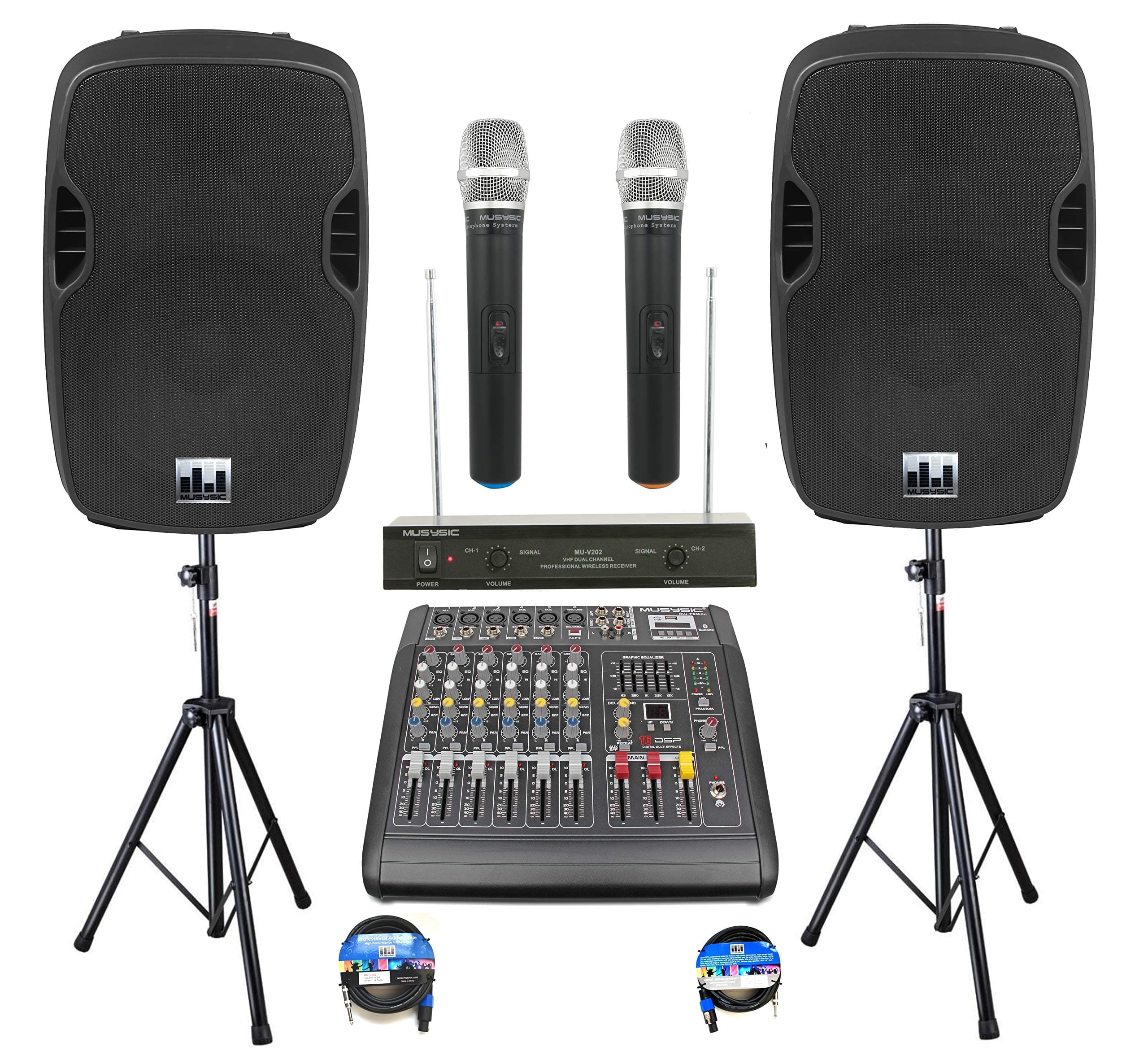 Complete Professional 2000 Watts PA System 6 Ch Mixer 10" Speakers Dual Wireless Mics Stand