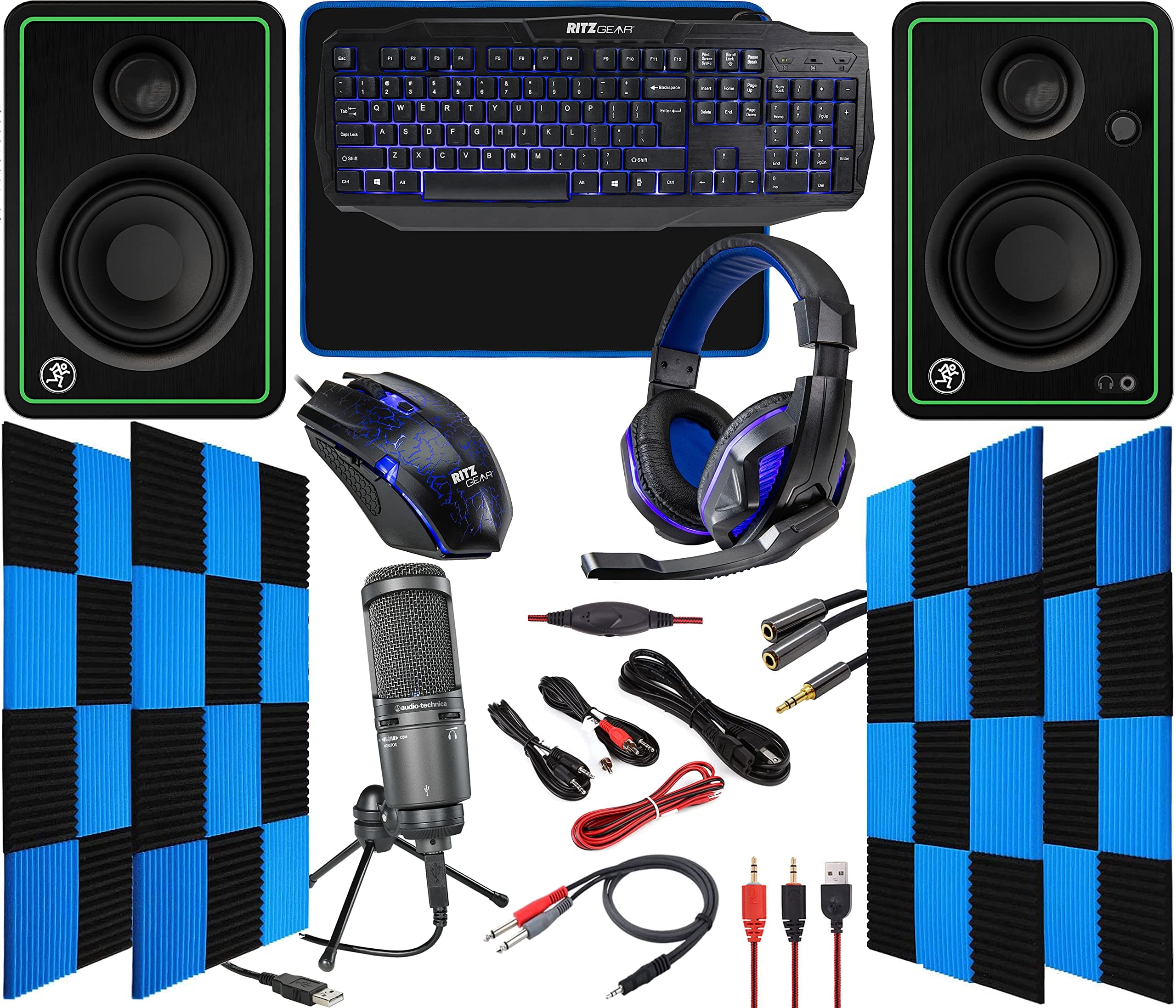 Audio-Technica AT2020USB+ Cardioid Condenser USB Microphone Kit with RitzGear Blue Gaming Kit with CR4-X Studio Bluetooth Monitors and 24 Pack Acou...