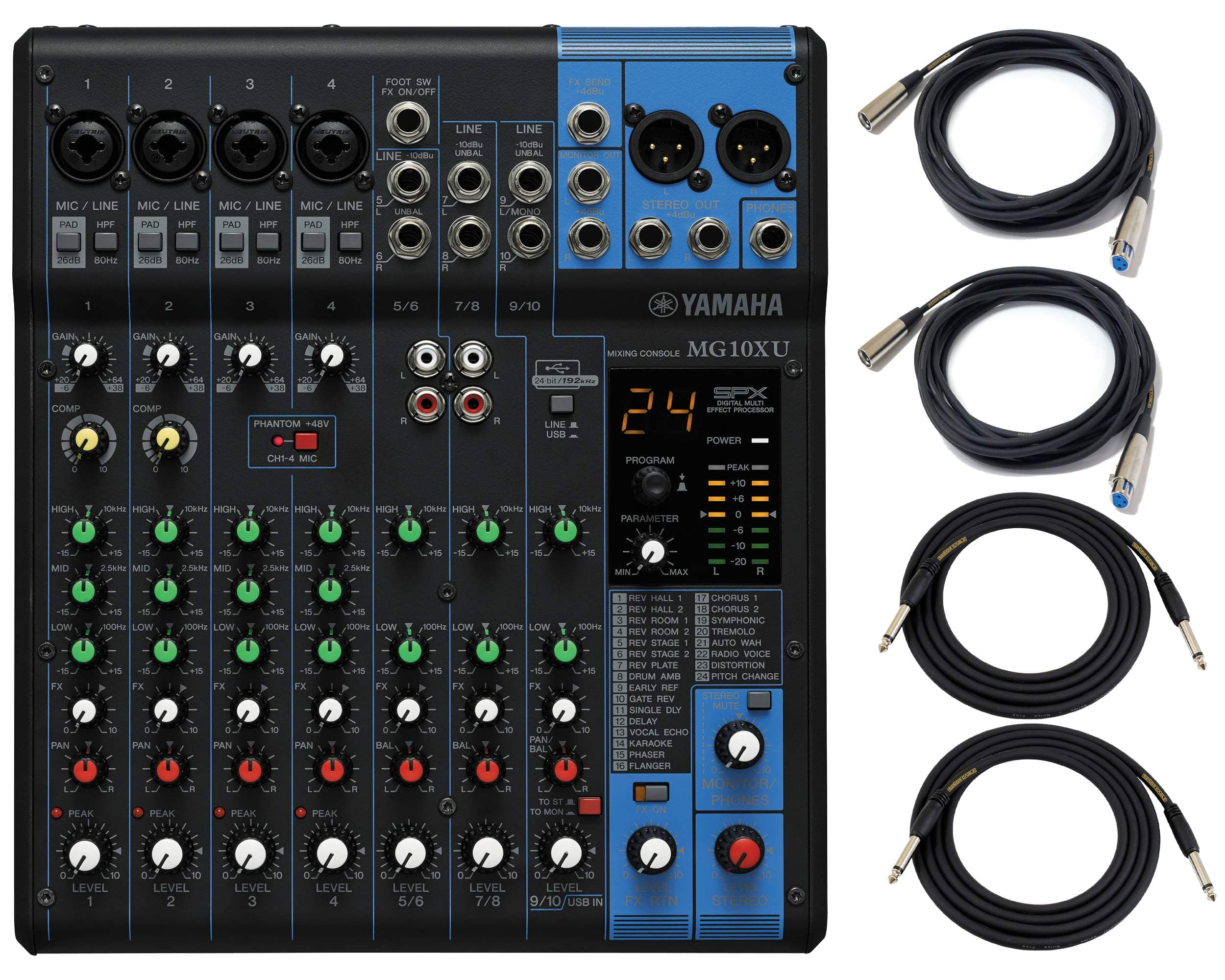 Yamaha MG10XU 10 Input Stereo Mixer with Compression, Effects and USB Bundle with 2 x Senor Microphone Cable and 2 x Senor Instrument Cable