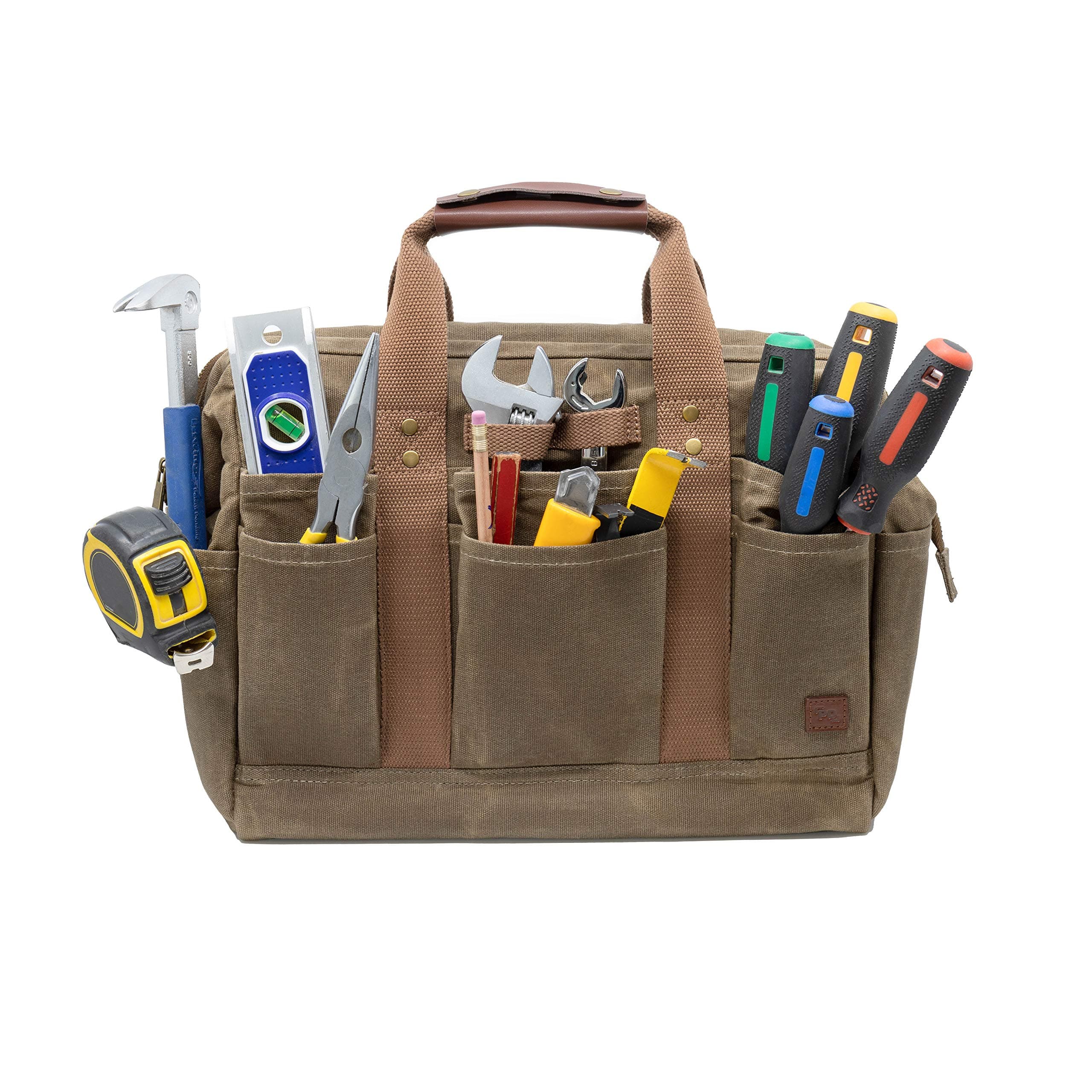 PD Canvas Tool Bag 14-Inch, Khaki, 18 Pockets, Heavy Duty Tradesman Bag | Made for Contractors, Painters, Carpenters, Builders (Classic Brown)