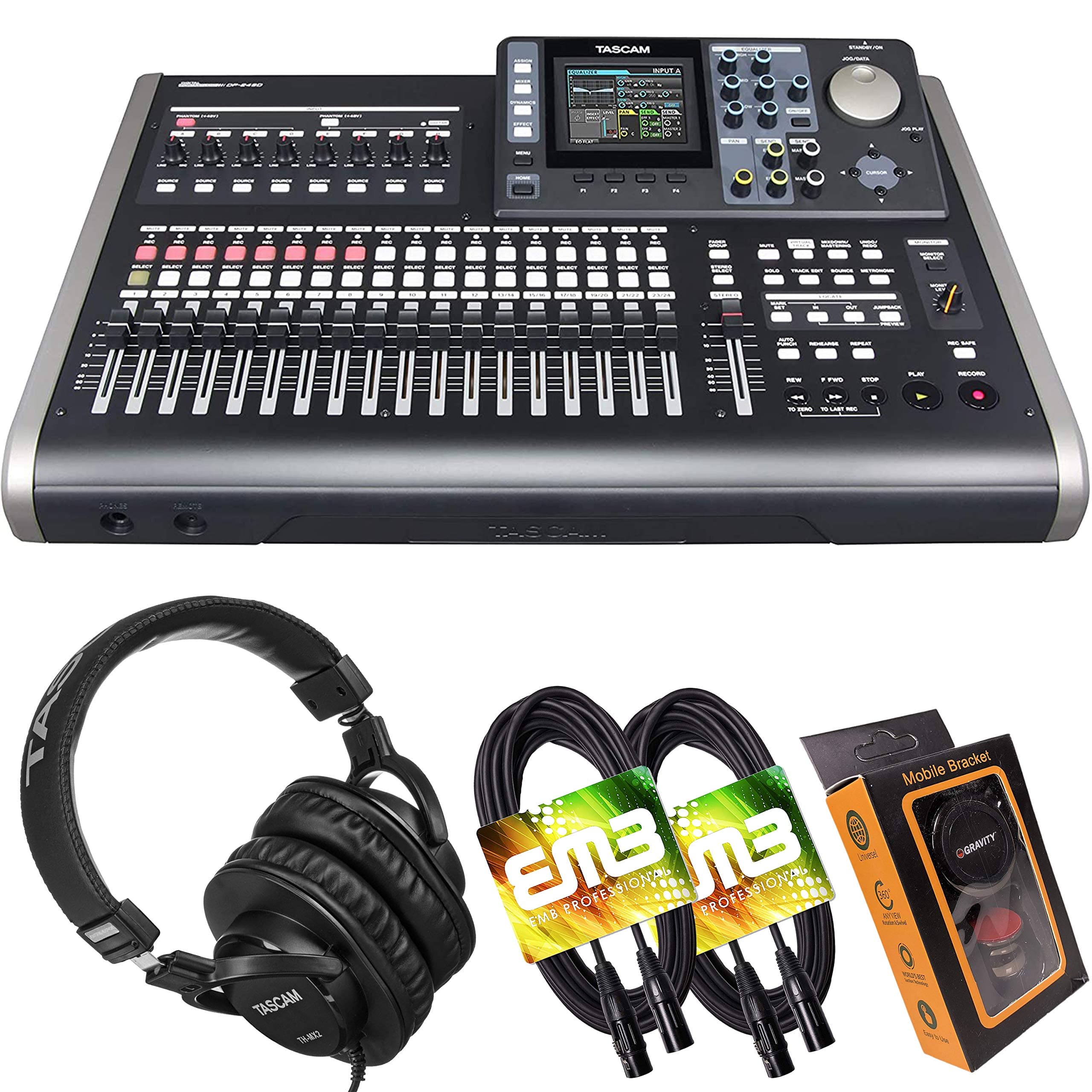 Tascam DP-24SD 24-Track Digital Portastudio Multi-Track Audio Recorder with Pro Headphone and Pair of EMB XLR Cables and Gravity Magnet Phone Holde...
