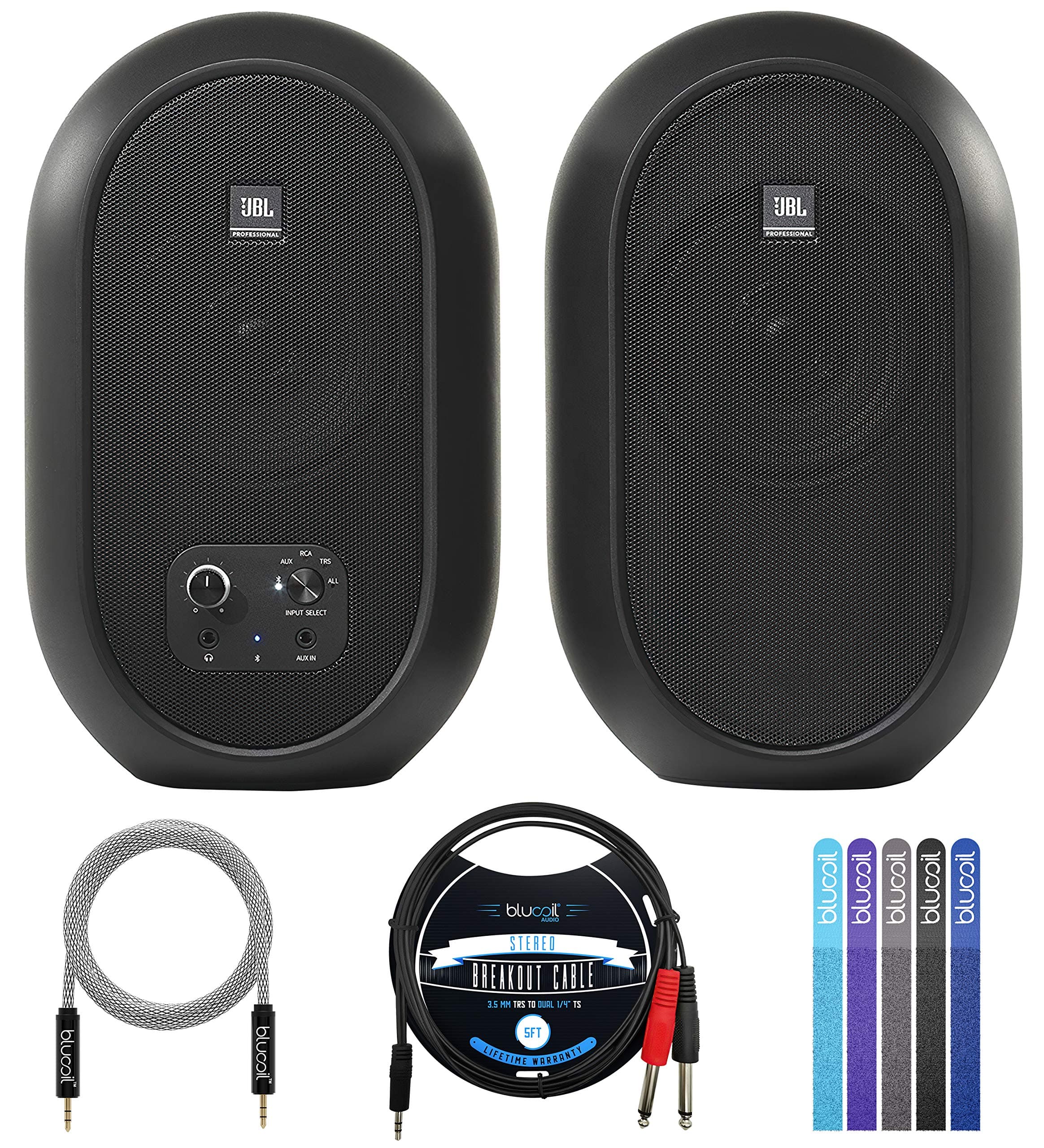 JBL Professional 1 Series 104-BT Compact Reference Monitors with Bluetooth (Pair) Bundle with Blucoil 5-FT 3.5mm TRS to Dual 1/4" TS Male Audio...