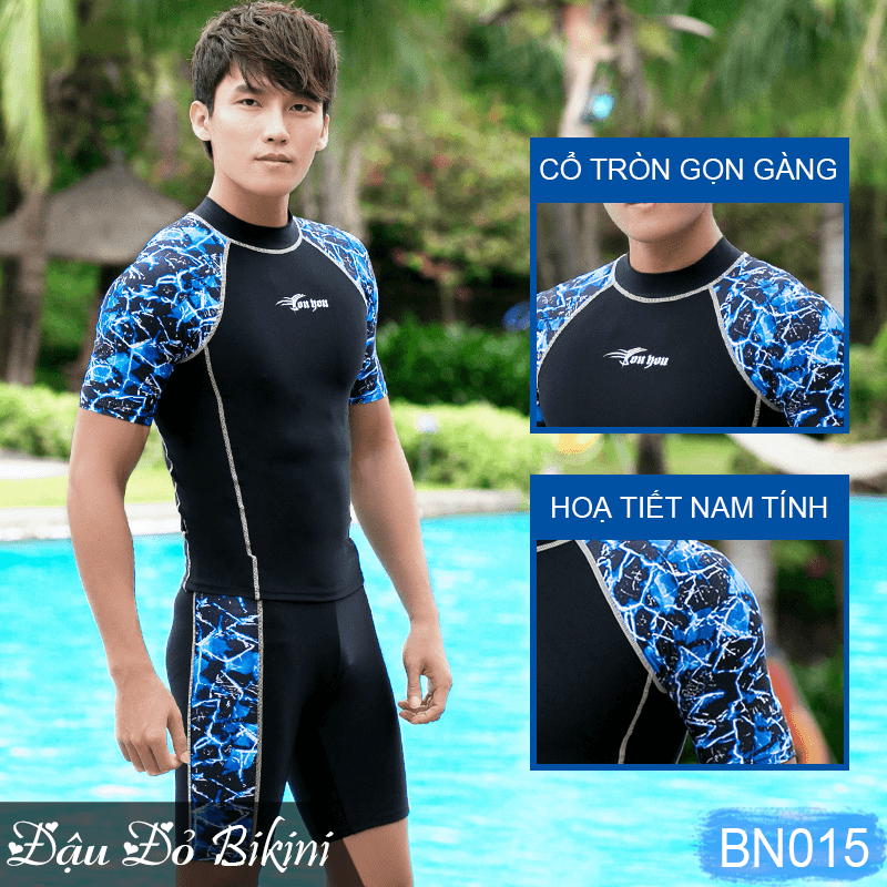 Bộ bơi nam cộc tay quần short đùi lửng mạnh mẽ nam tính, chất bơi đẹp, co giãn thoải mái, có size vừa cho các bé trai lớn, thiếu niên nam  BN015 - Họa tiết xanh - XL