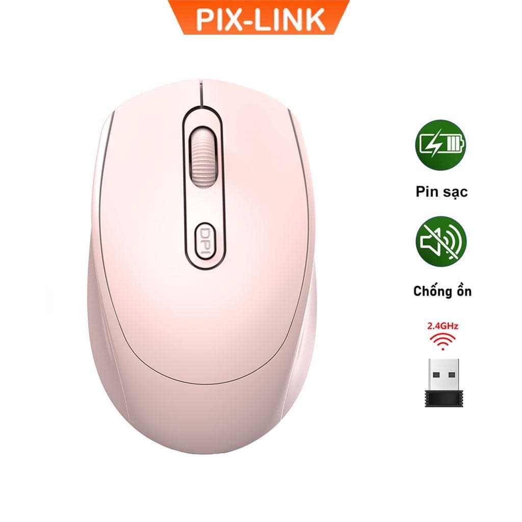 Chuột Không Dây PIX-LINK P100 Wireless 2.4Ghz Sạc Pin, Chống Ồn, DPI1600 Dùng Cho Máy Tính, Laptop, Tivi-Hàng Chính Hãng - Hồng