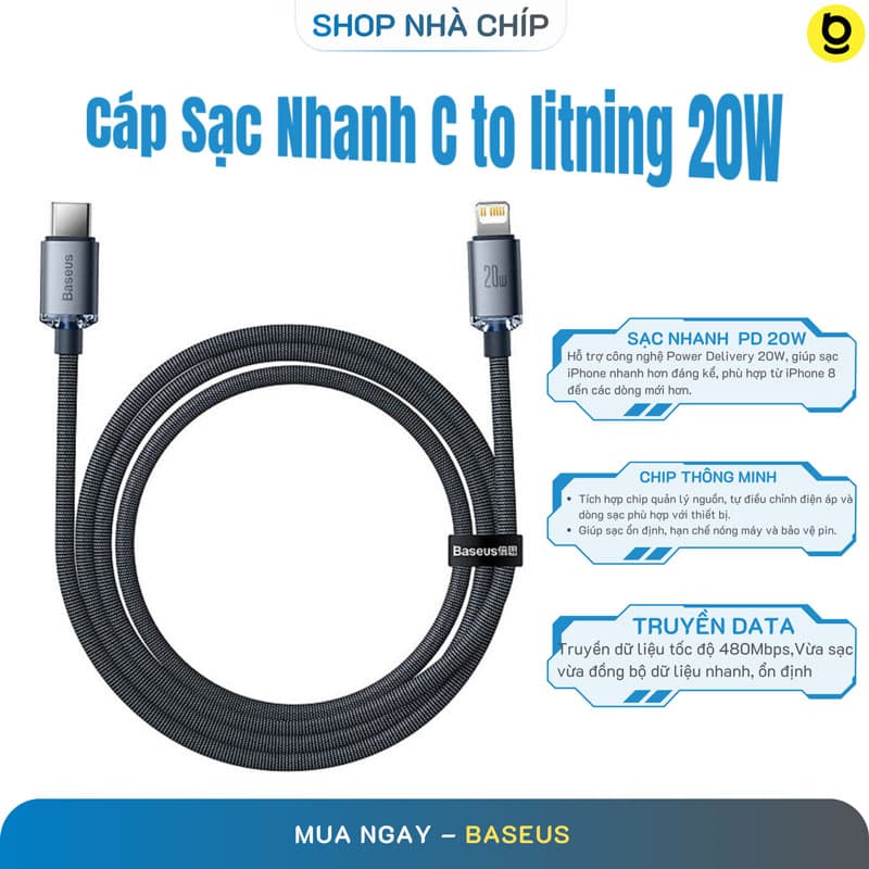 Cáp sạc nhanh, truyền dữ liệu tốc độ cao siêu bền Type C to IP Baseus Crystal Shine Series Fast Charging Data Cable 20W- Hàng chính hãng - 1.2M