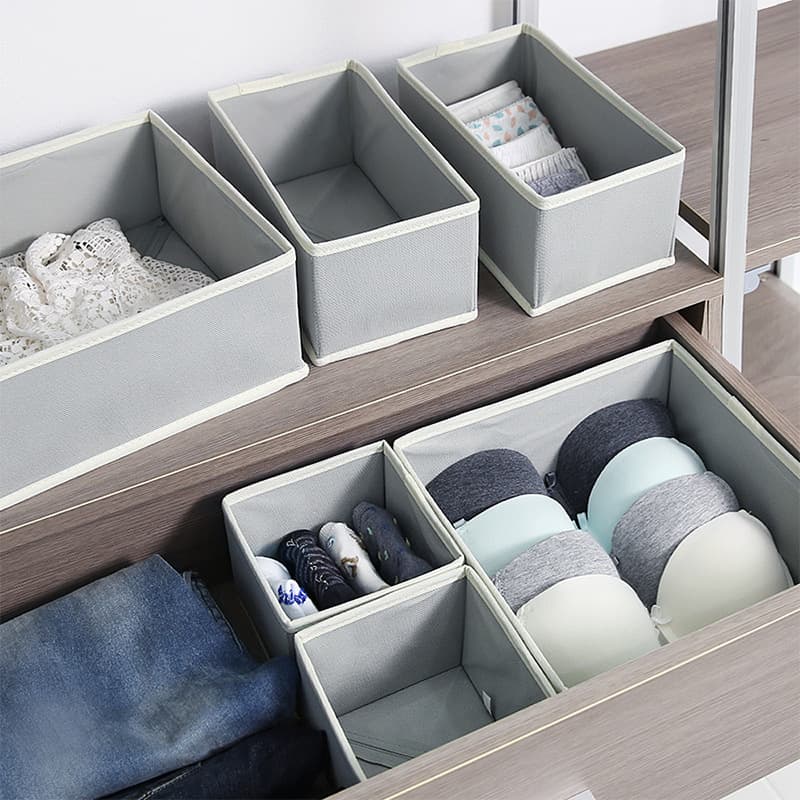 Bộ 6 Hộp Vải Oxford Đựng Đồ Lót Phụ Kiện - Xám nhạt viền vàng