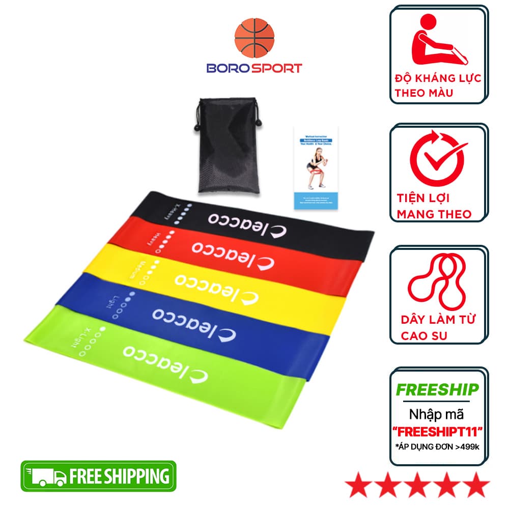 Bộ 5 dây đàn hồi tập gym, dây đàn hồi  mini band tập yoga dây đàn hồi kháng lực cao cấp, dây đàn hồi tập thể dục Cleacco  bộ 5 dây đủ màu trong 1 túi