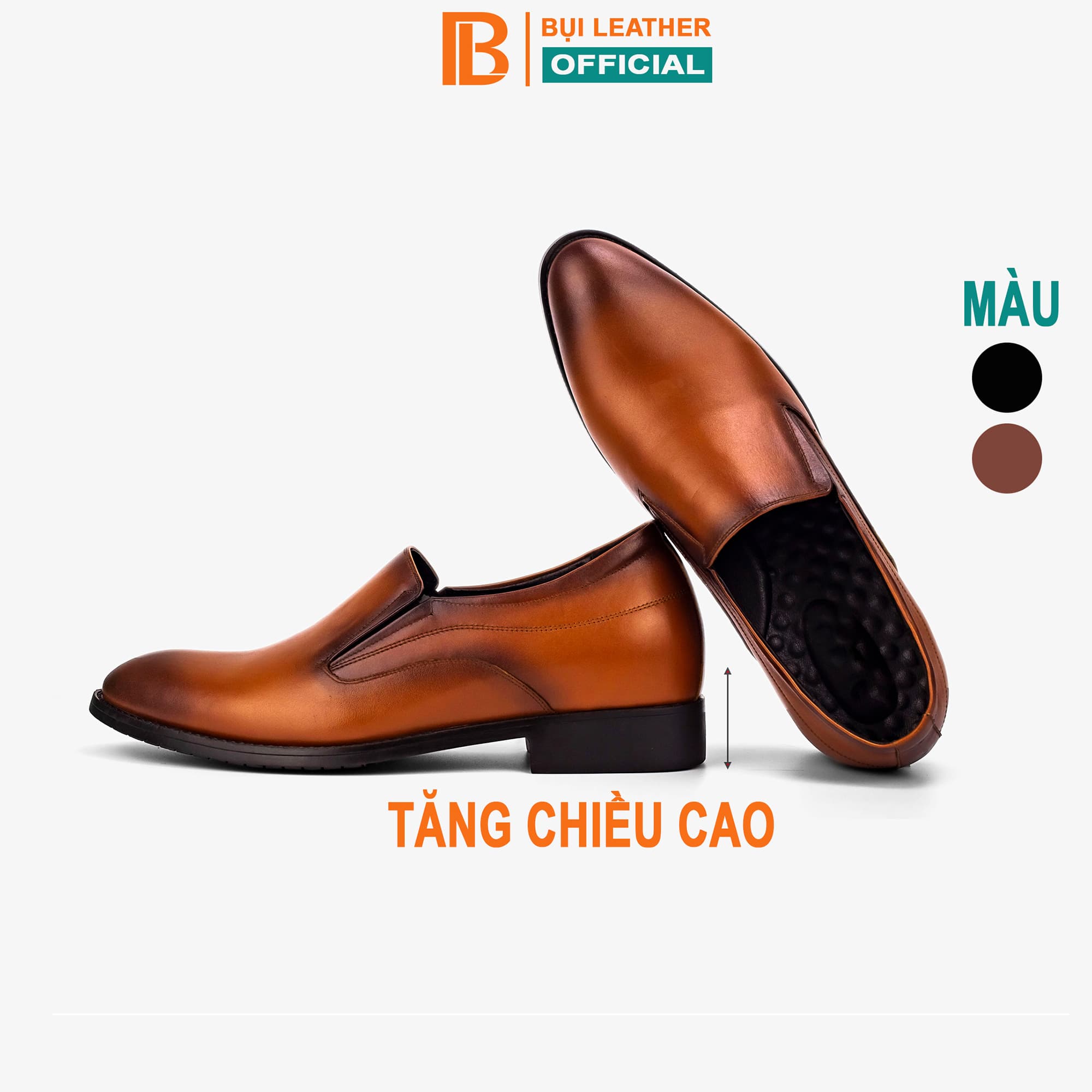 Giày lười da tăng chiều cao nam Bụi Leather G112 - Da bò Nappa cao cấp - Bảo hành 12 tháng - Màu Nâu - 42
