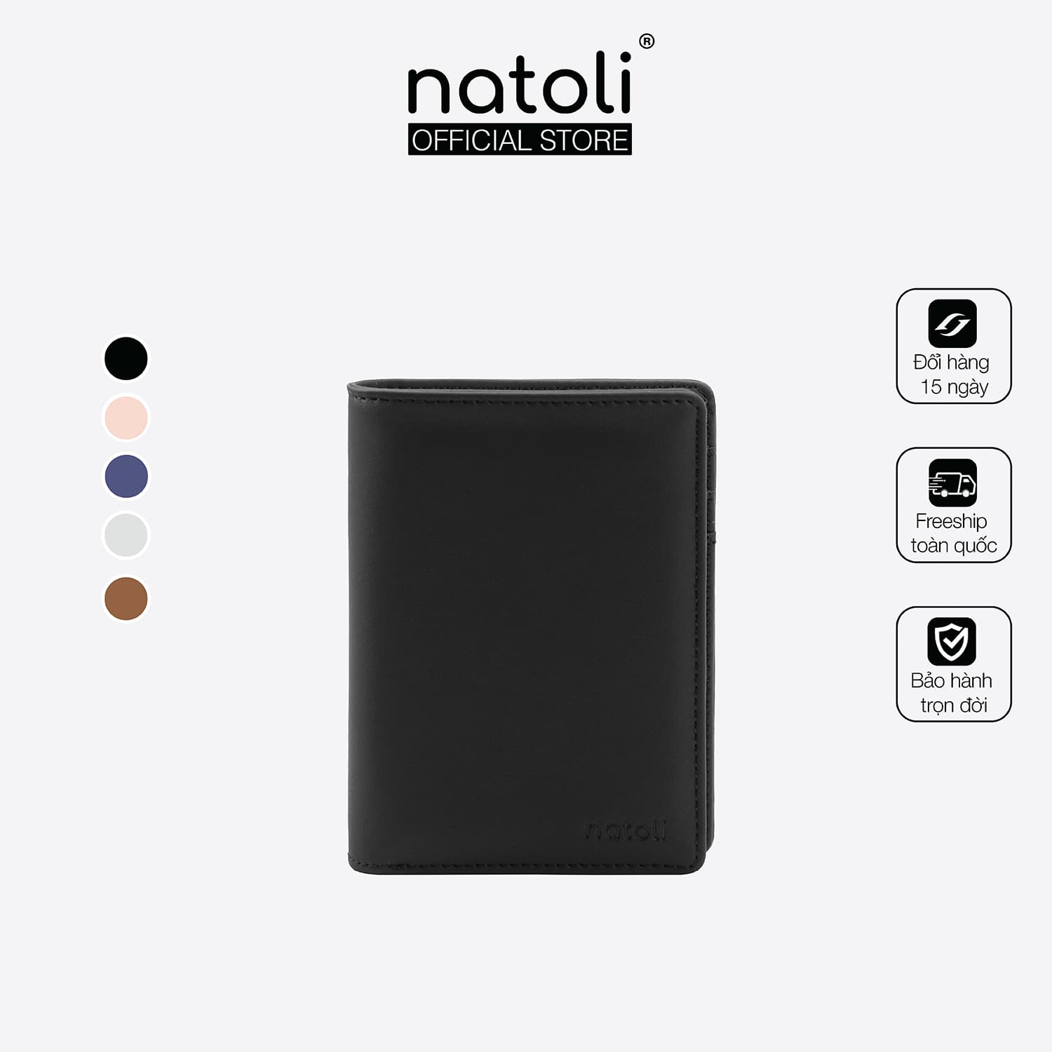 Ví da nam nữ dáng đứng NATOLI gập đôi đựng thẻ cao cấp BST Simple Vertical Wallet V3 - Đen Xám