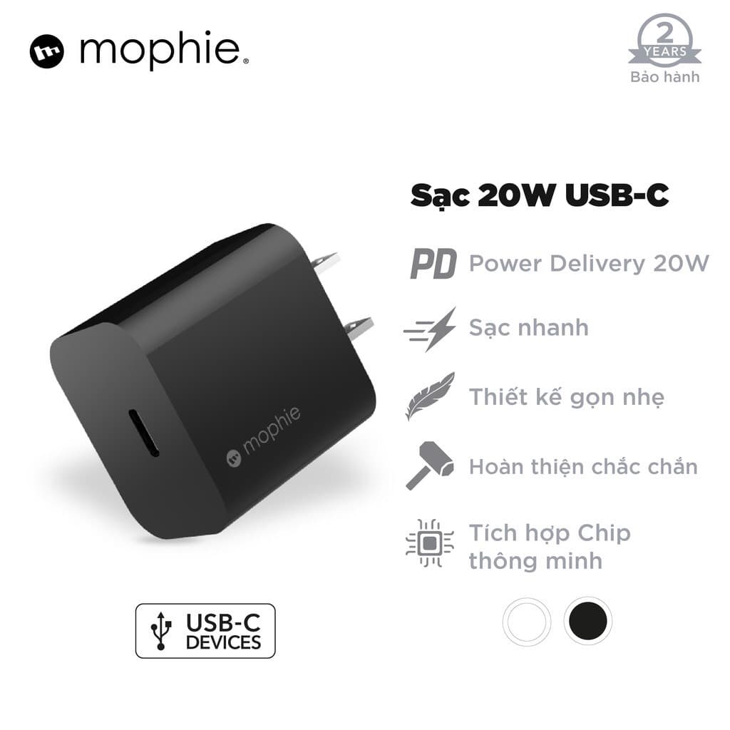 Sạc nhanh Mophie Power Delivery 20W 1 USB-C - Hàng chính hãng - Màu Đen