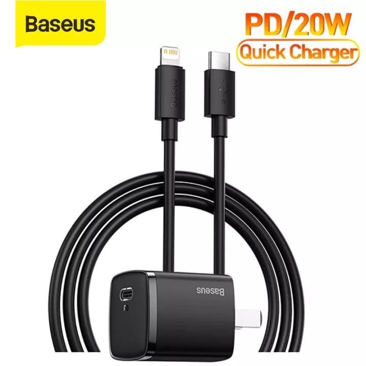 Củ Sạc Nhanh Baseus 20W USB C Hỗ Trợ Sạc Nhanh Type C PD Cho iPhone - Công Nghệ PD 3.0 QC 3.0 - Hàng Chính Hãng - Combo Củ  Cáp Đen