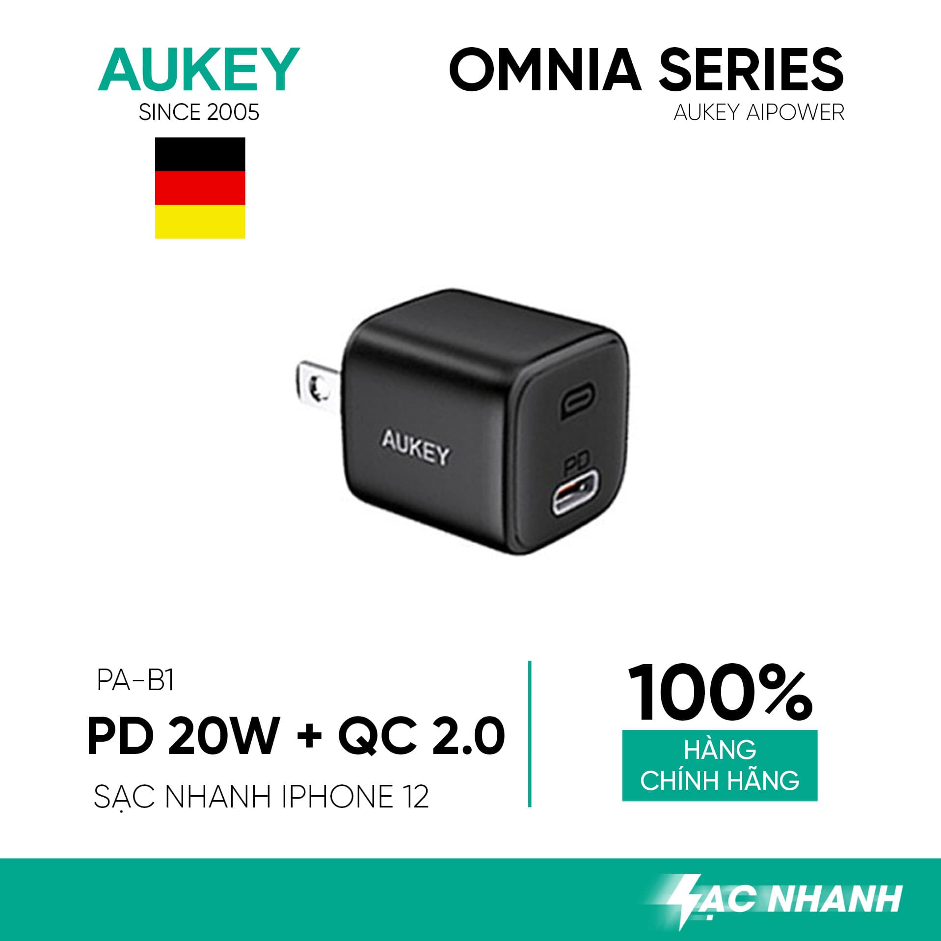 Cốc Sạc Nhanh Omnia Aukey PA-B1 Cổng Type C Power Delivery 20W - Hàng Chính Hãng - Đen