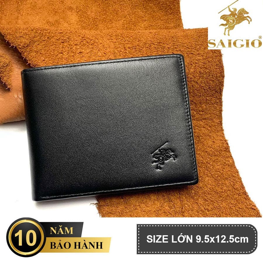Ví Nam Cao Cấp, Da Bò NAPA Láng Mịn, Mỏng Nhẹ, Size Lớn, Kiểu Cổ Điển Tinh Tế - Sang Trọng, Dáng Ngang - Gập 2, Ngăn Đựng Tiền Có Khóa Kéo, Nhiều Ngăn Để Giấy Tờ Tiện Dụng - Hàng Chính Hãng SAIGIO - Đen