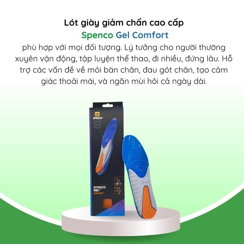 Lót giày thể thao gel silicon cho bóng đá, chạy bộ, cầu lông, tennis, bóng bàn Spenco Gel Comfort - Size 2 37-39